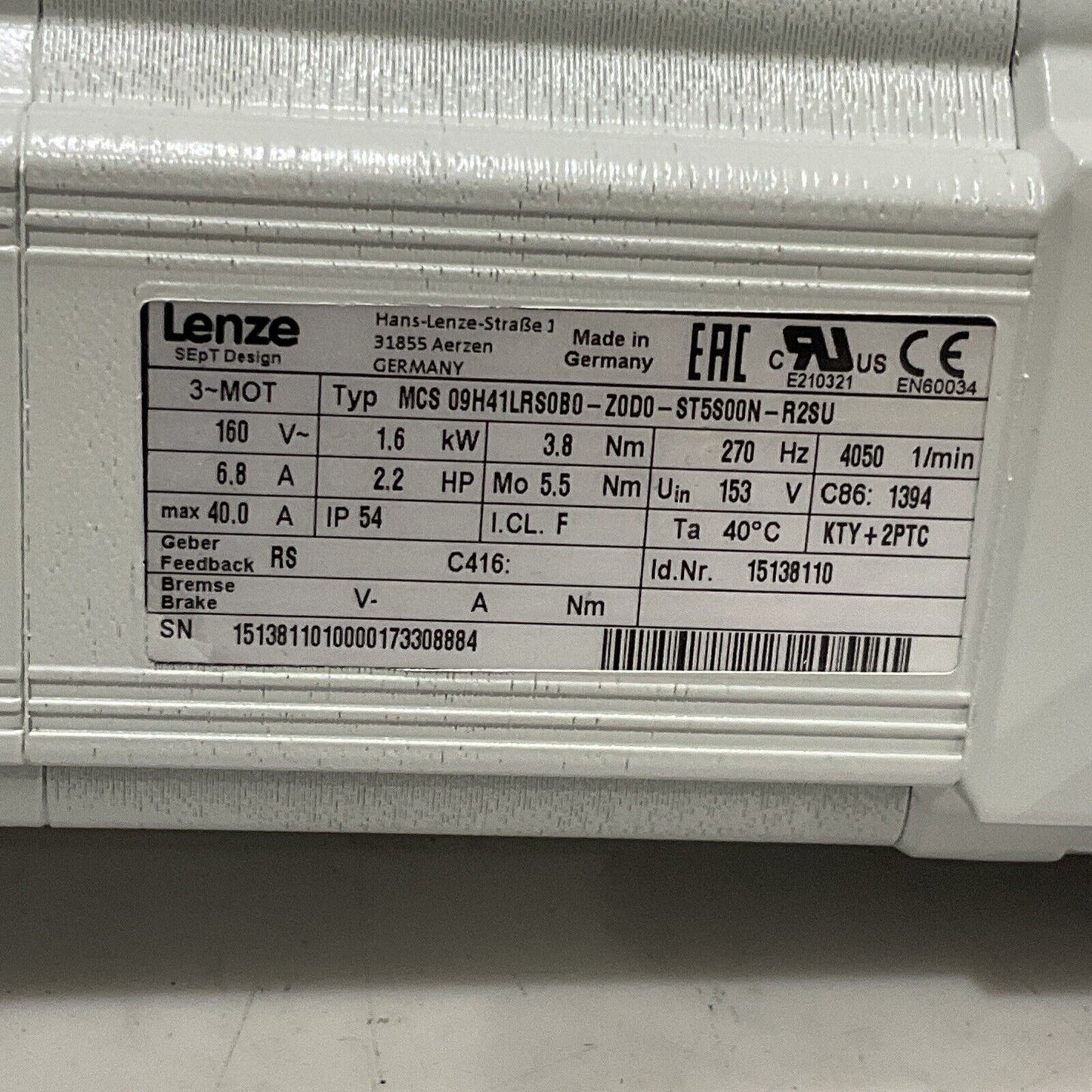 LENZE MCS 09H41LRS0B0-Z0D0-ST500N-R2SU GST05-2S 09HC41 SERVO MOTOR 160V U3S
