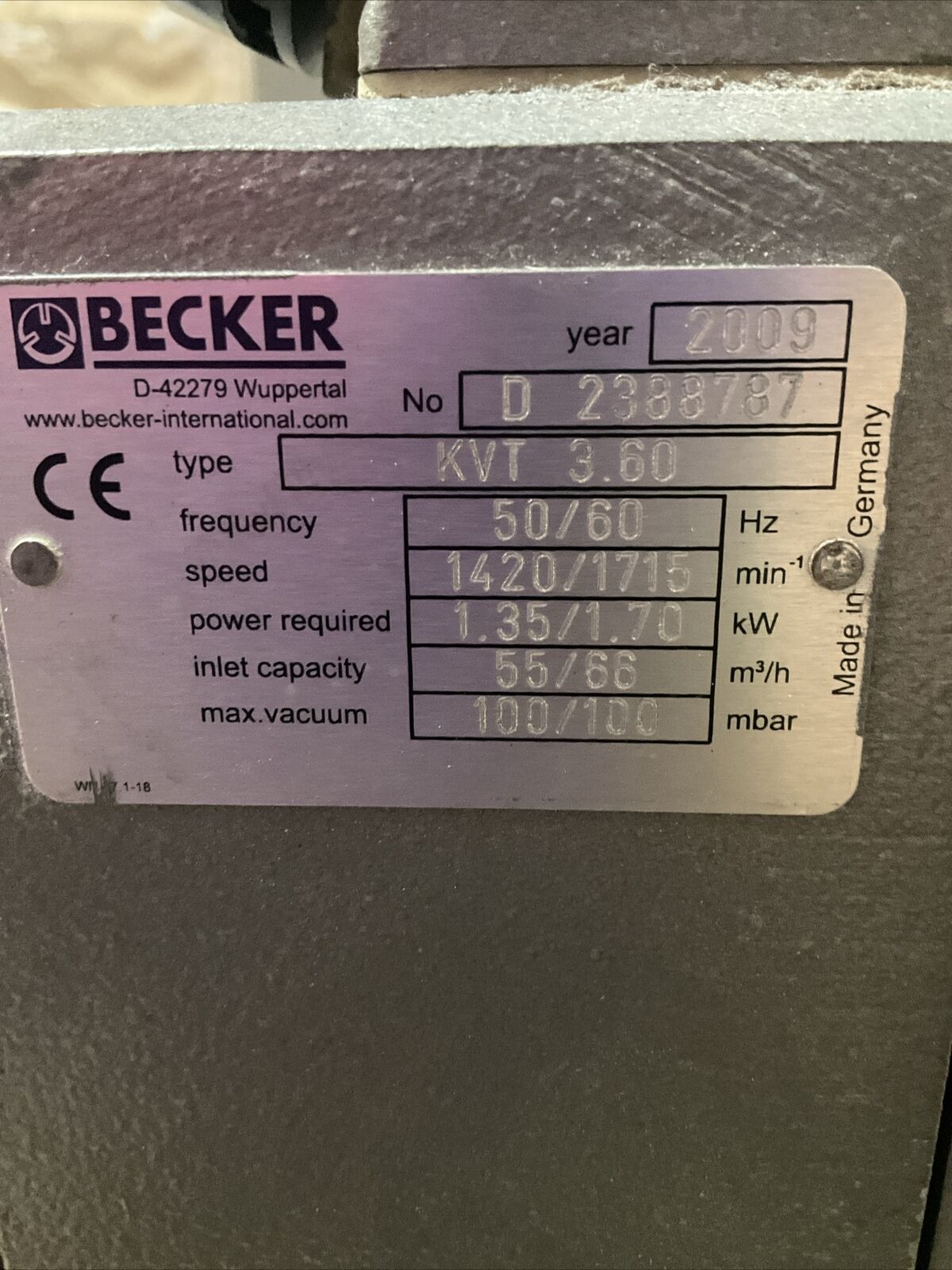 2009 BECKER D2388787 KVT 3.60 VACCUM PUMP 50/60HZ 1420/1715 RPM 1.35/1.70 KW U3S