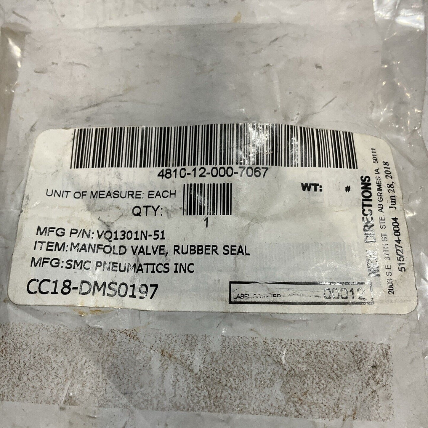 SMC VQ1301N-51 RUBBER SEAL MANFOL VALVE U3S