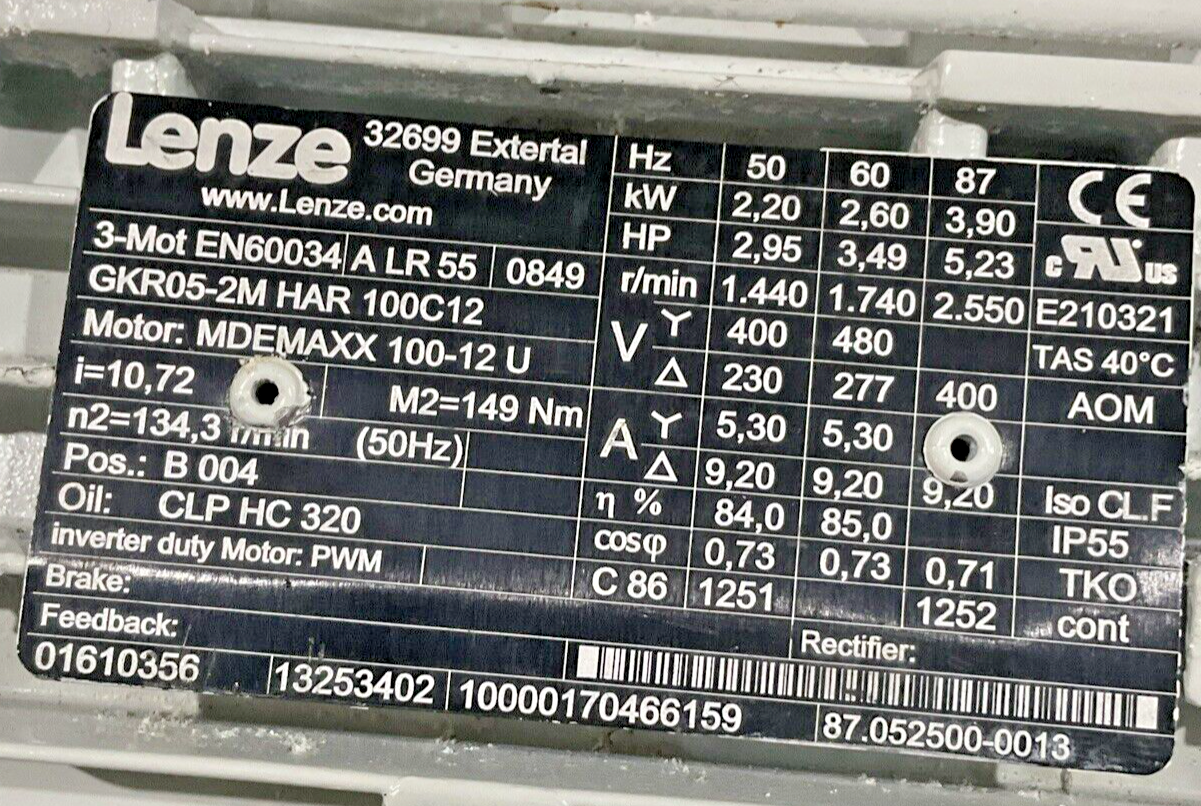LENZE GKR05-2MHAR10012 GEARMOTOR U3S