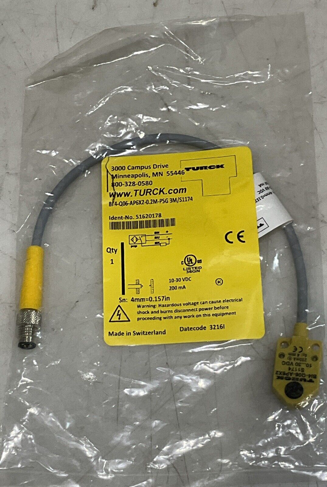 TURCK BI 4-Q06-AP6X2-0.2M-PSG 3M/S1174 INDUCTIVE RANGE SENSOR U3S