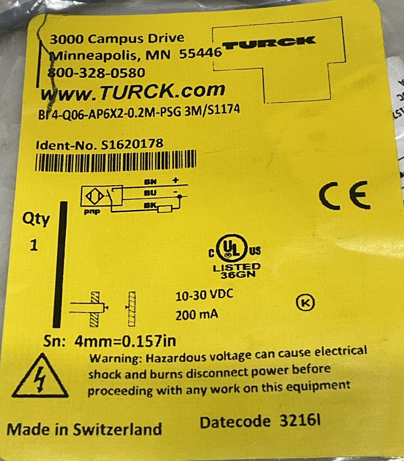 TURCK BI 4-Q06-AP6X2-0.2M-PSG 3M/S1174 INDUCTIVE RANGE SENSOR U3S