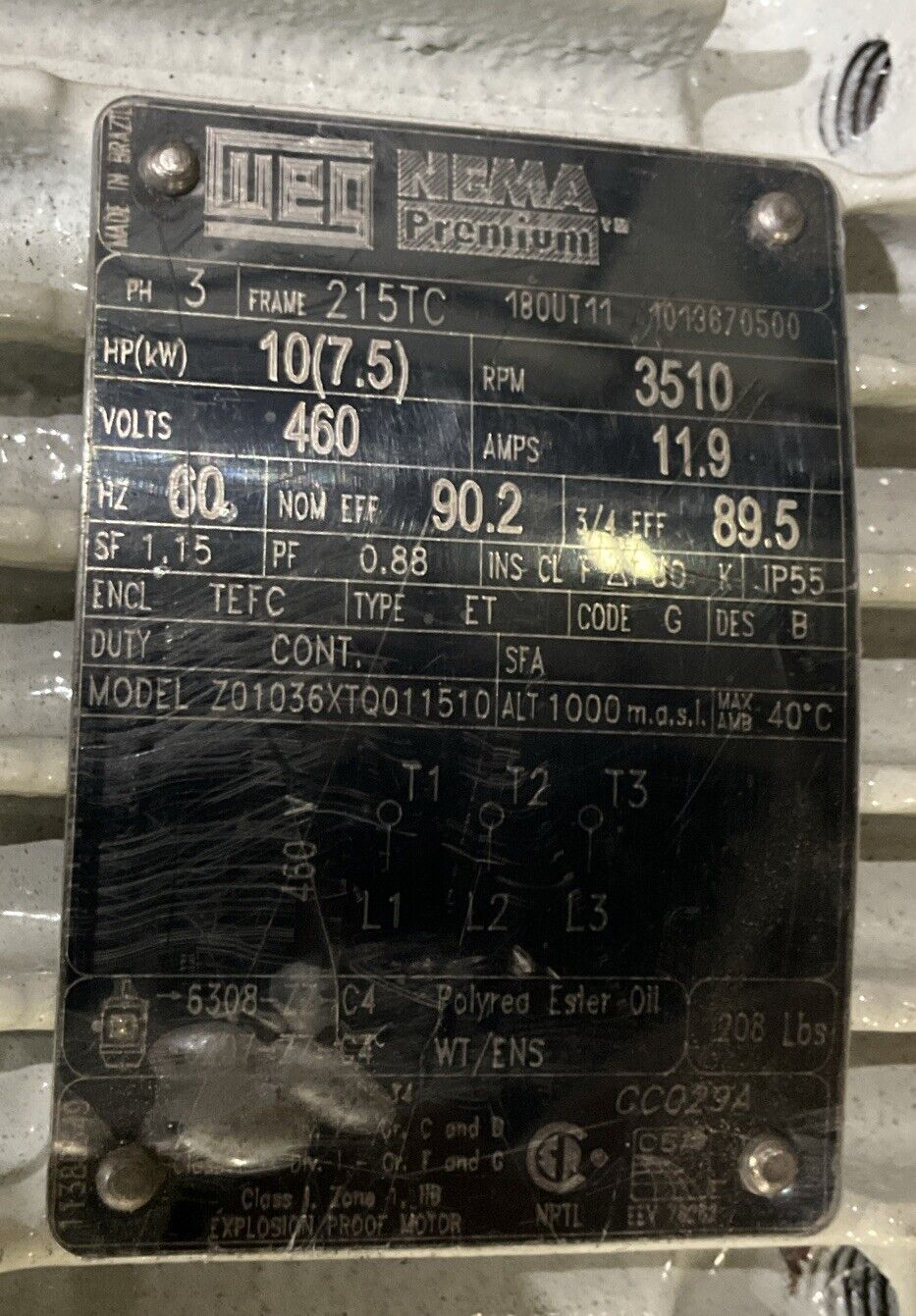 WEG Z01036XTQ011510 MOTOR 215TC 3PH 10HP 3510RPM 460V 11.9A 60HZ