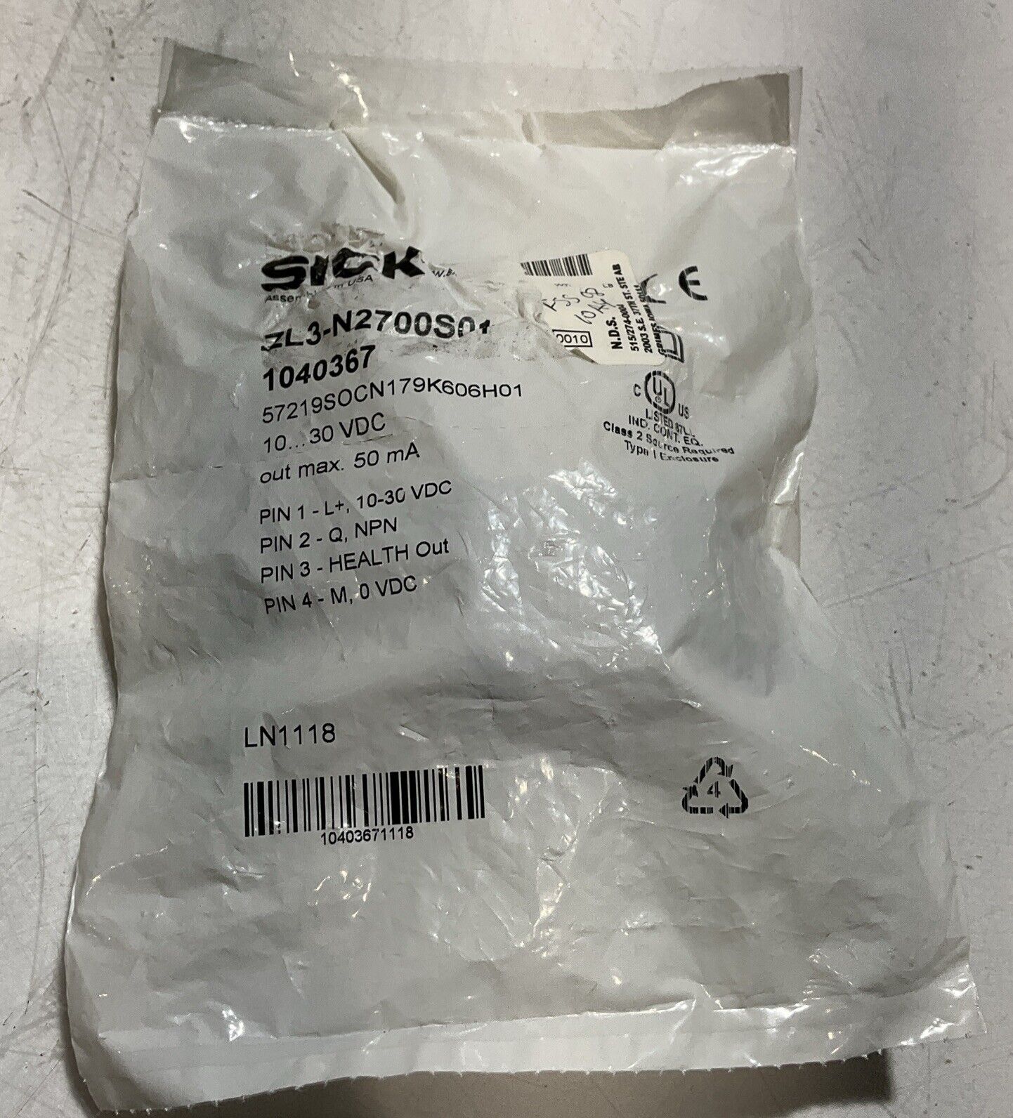SICK ZL3-N2700S01 - 1040367 PHOTOELECTRIC REFLECTIVE SENSOR 30VDC LOT OF 2 U3S