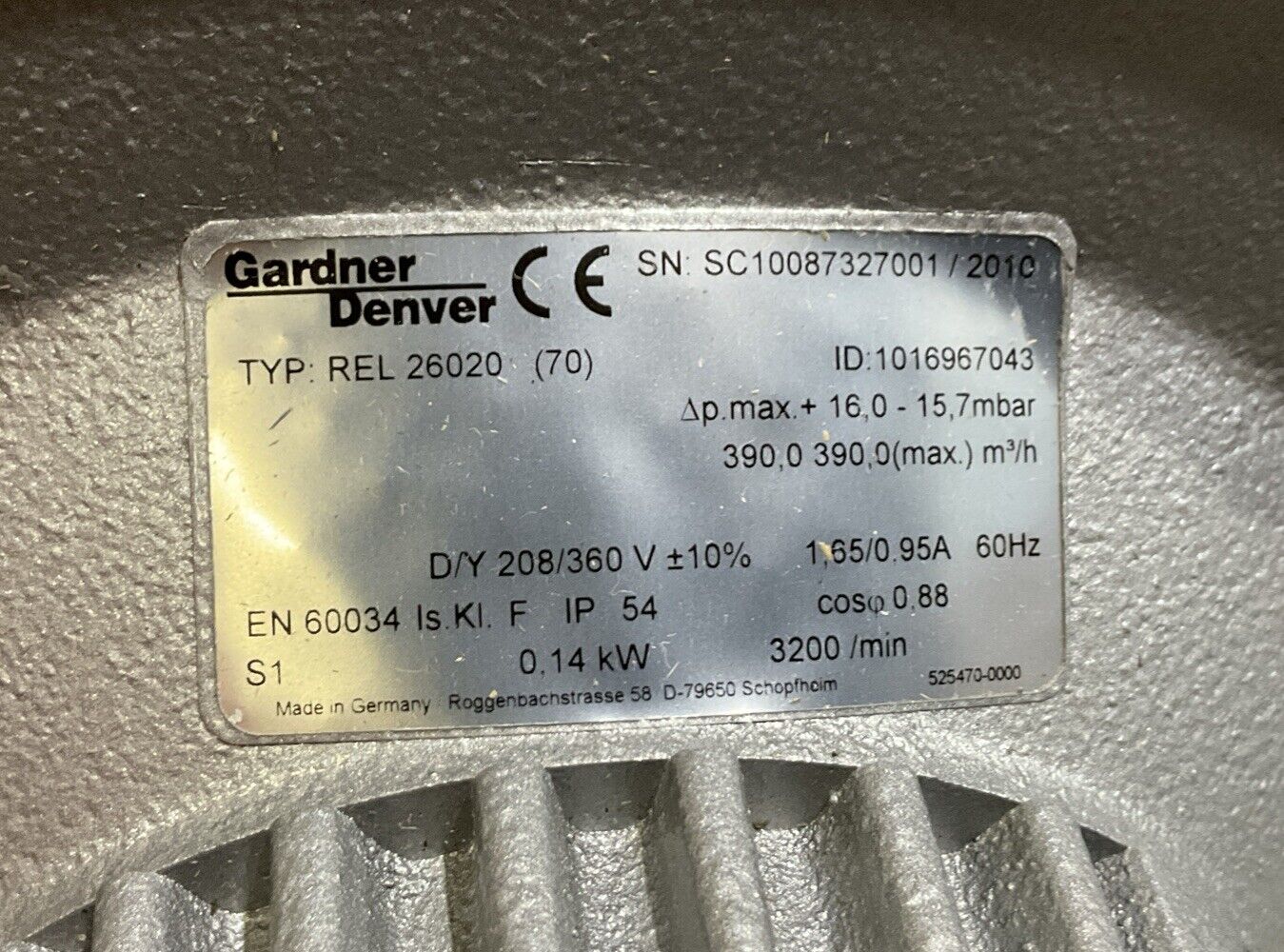 GARDNER DENVER REL 26020 (70) 101967043 2811267 WIRED BLOWER ASSEMBLY U3S