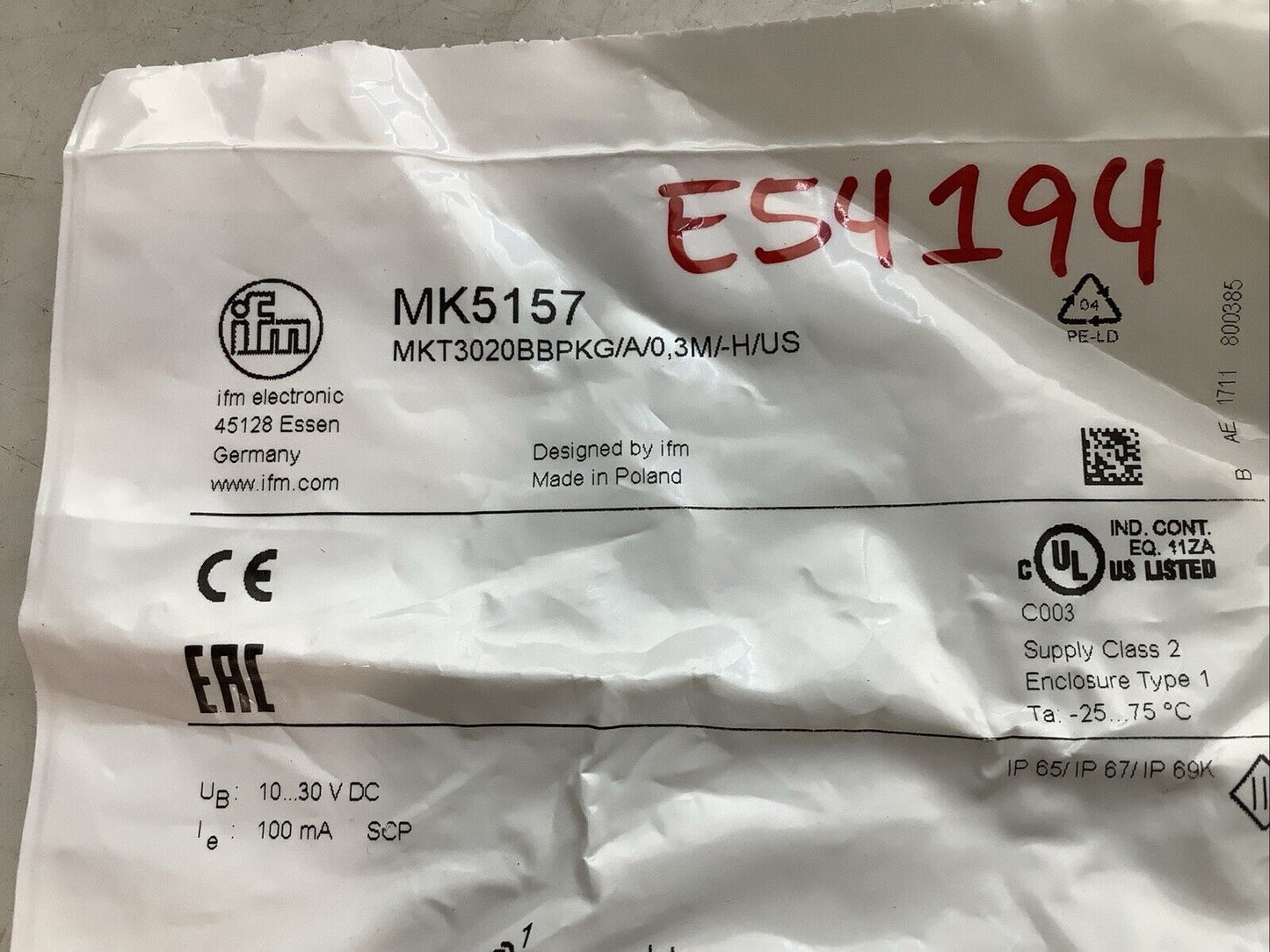 IFM MK5157 MKT3020BBPKG/A/0.3M/-H/US CYLINDER SENSOR T-SLOT 10-30VDC C2H