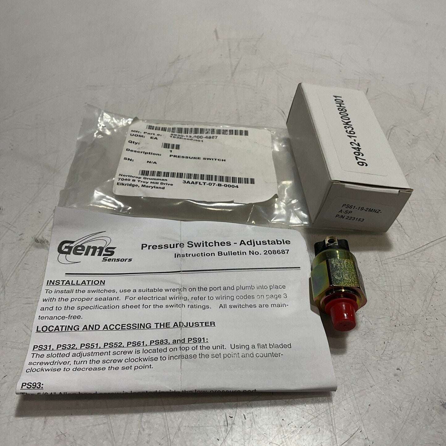 GEMS 223153 PRESSURE SWITCH PS61-19-2MNZA-SP U3S