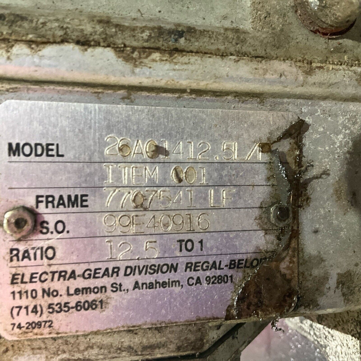 ELECTRA 26AC14125 7707872 GEARBOX MOTOR 12.5:1 CAST IRON U3S