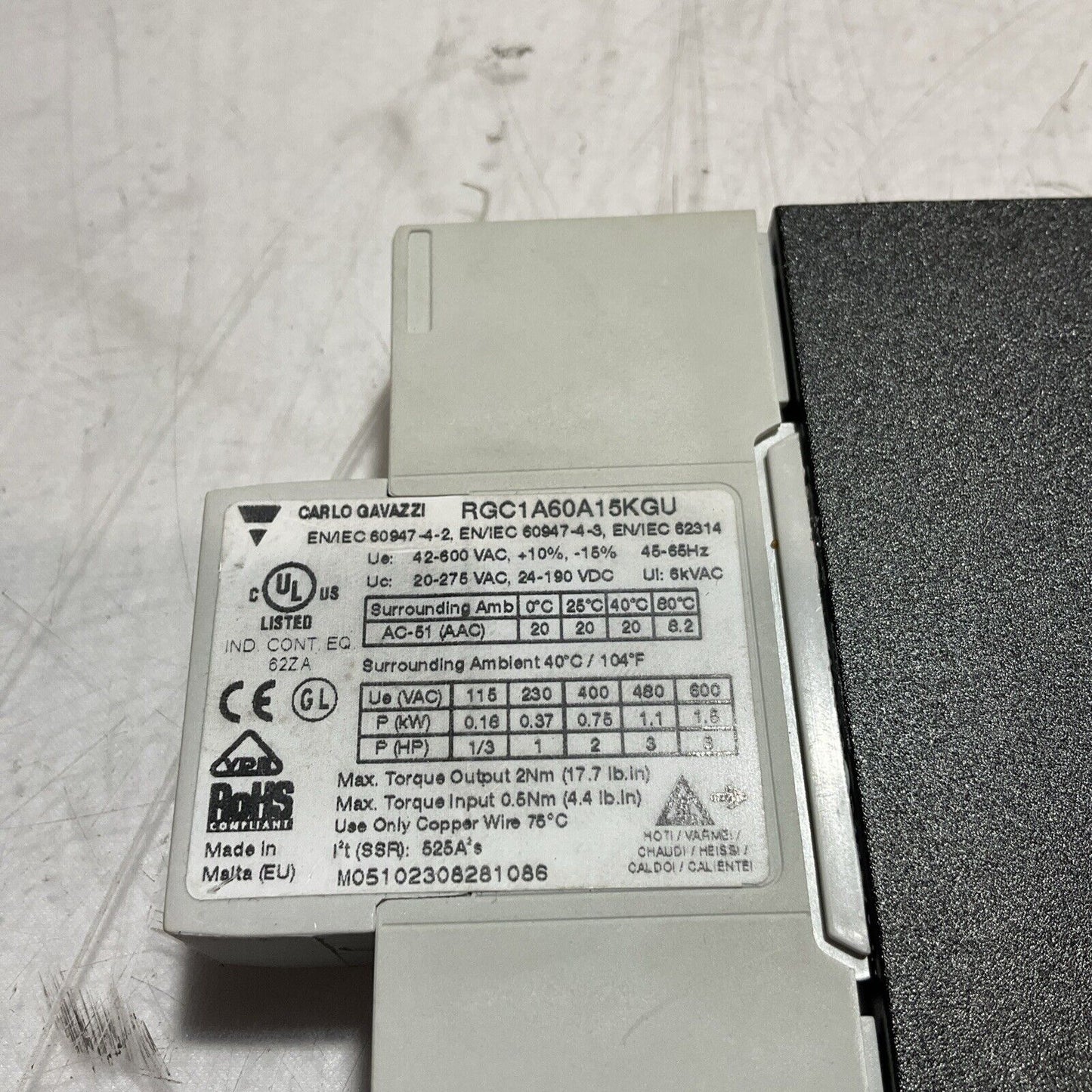 CARLO GAVAZZI RGC1A60A15KGU CONTRACTOR SS SINGLE POLE CONTROL U3S