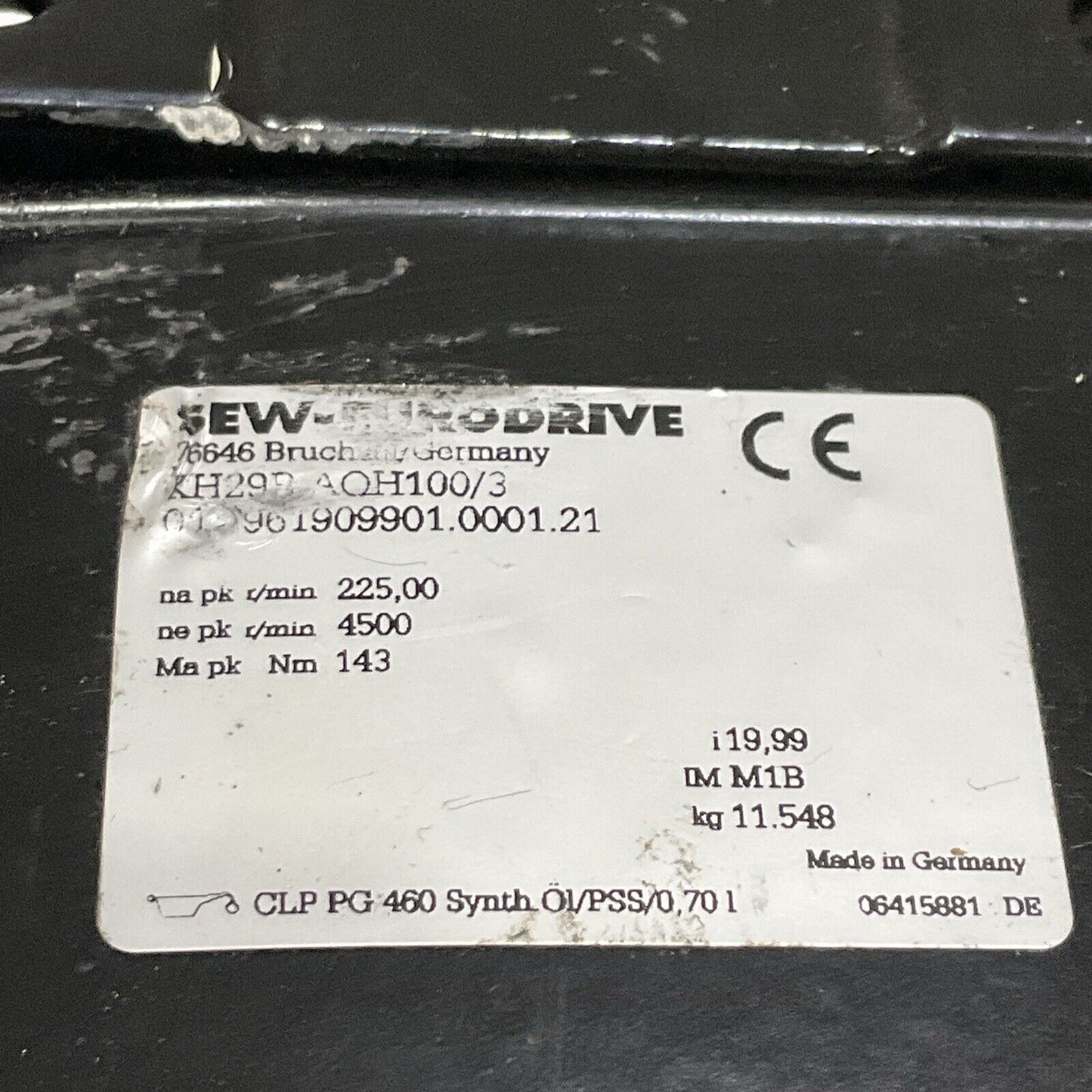 SEW-EURODRIVE KH29B AQH100/3 BEVEL GEARBOX MOTOR W/ ADAPTER C2H