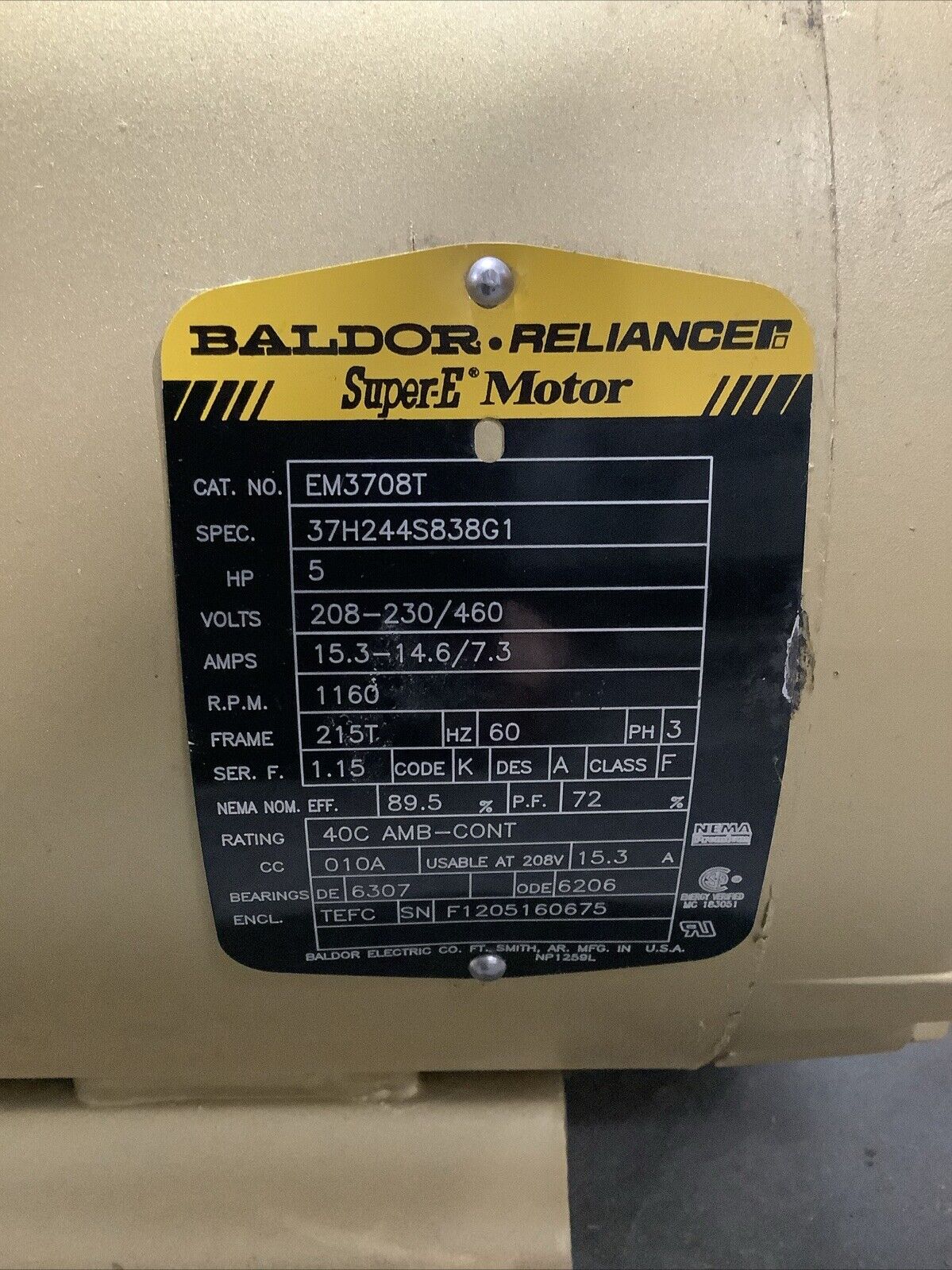 BALDOR EM3708T SUPER-E MOTOR 3PH 5HP 208-230/460V 60HZ 1160RPM 215T TEFC C2H