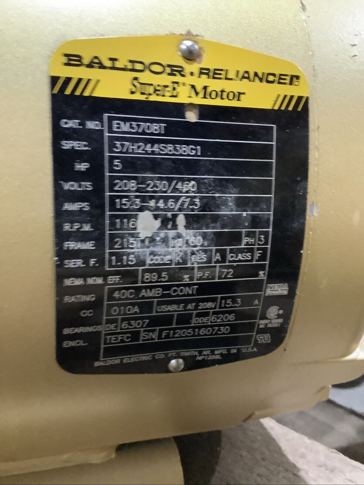 BALDOR EM3708T SUPER-E MOTOR 3PH 5HP 208-230/460V 60HZ 1160RPM 215T TEFC C2H