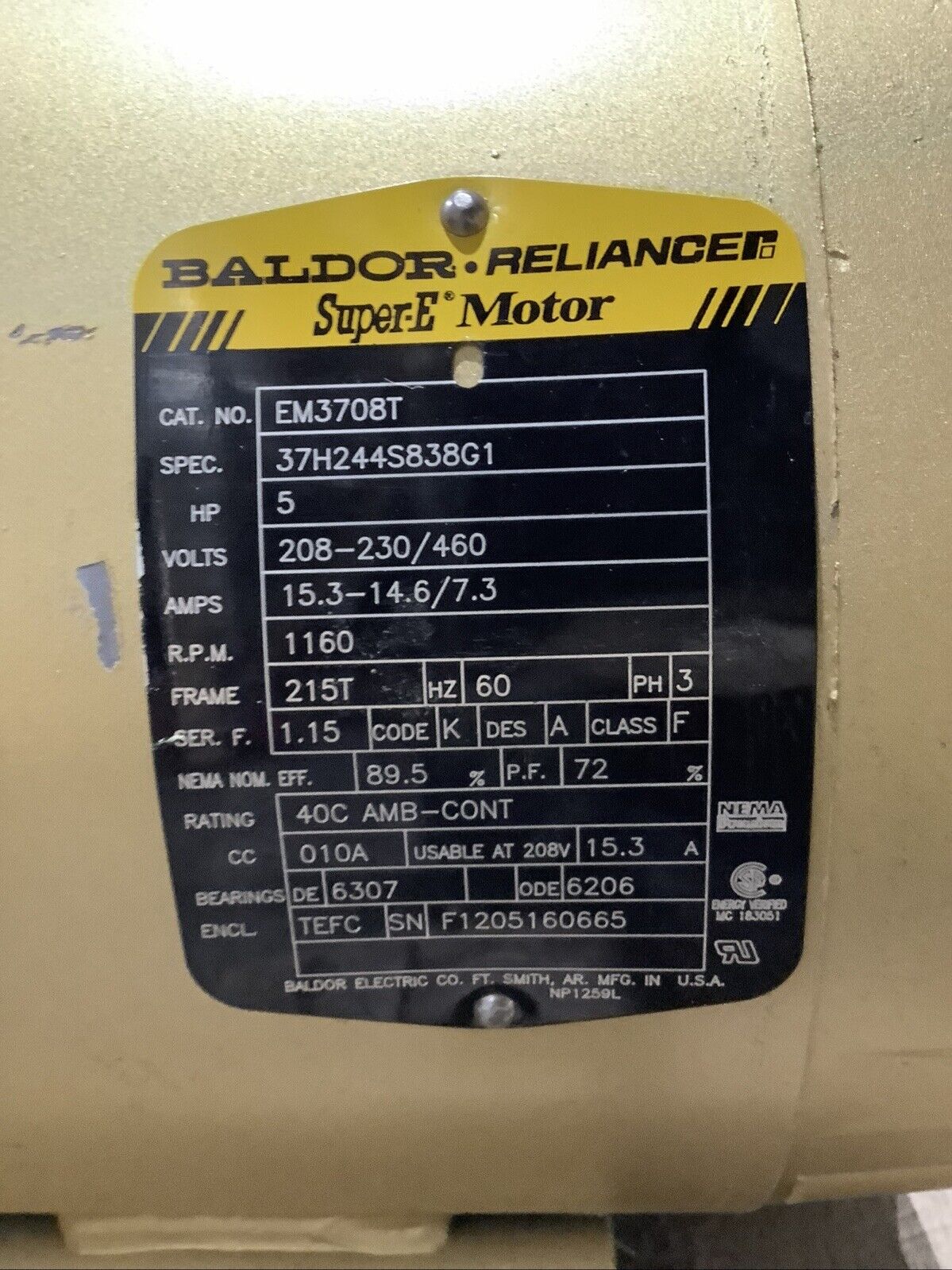 BALDOR EM3708T SUPER-E MOTOR 3PH 5HP 208-230/460V 60HZ 1160RPM 215T TEFC C2H