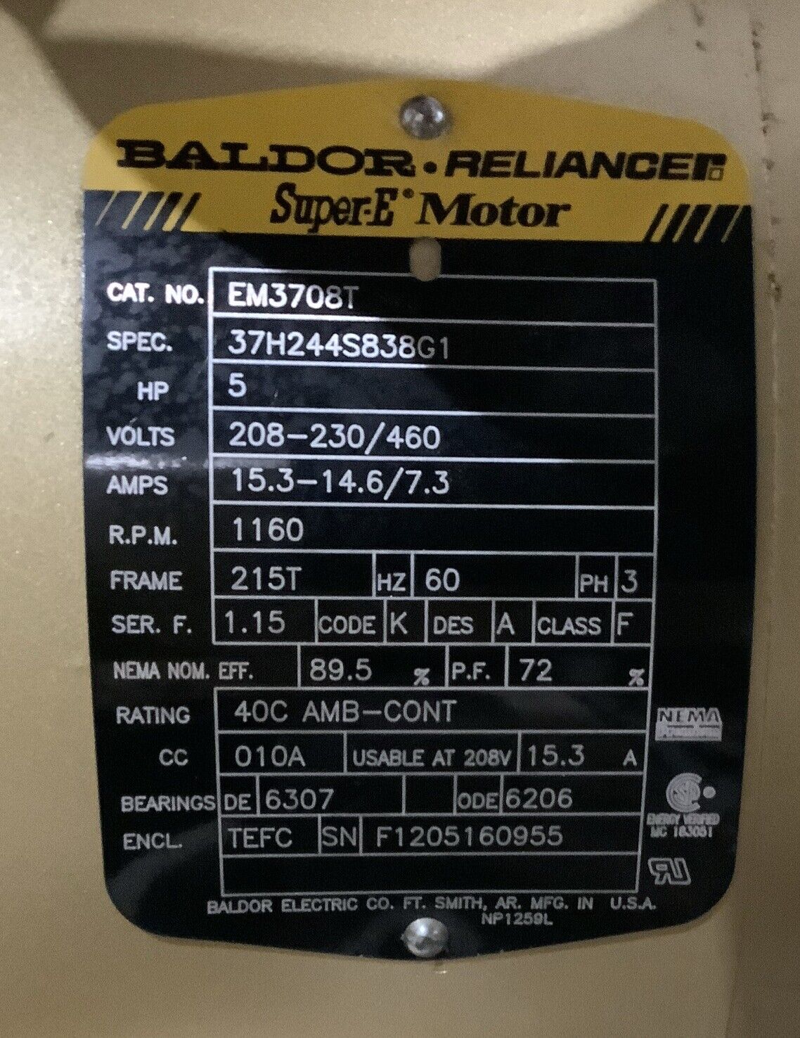 BALDOR EM3708T SUPER-E MOTOR 3PH 5HP 208-230/460V 60HZ 1160RPM 215T TEFC C2H