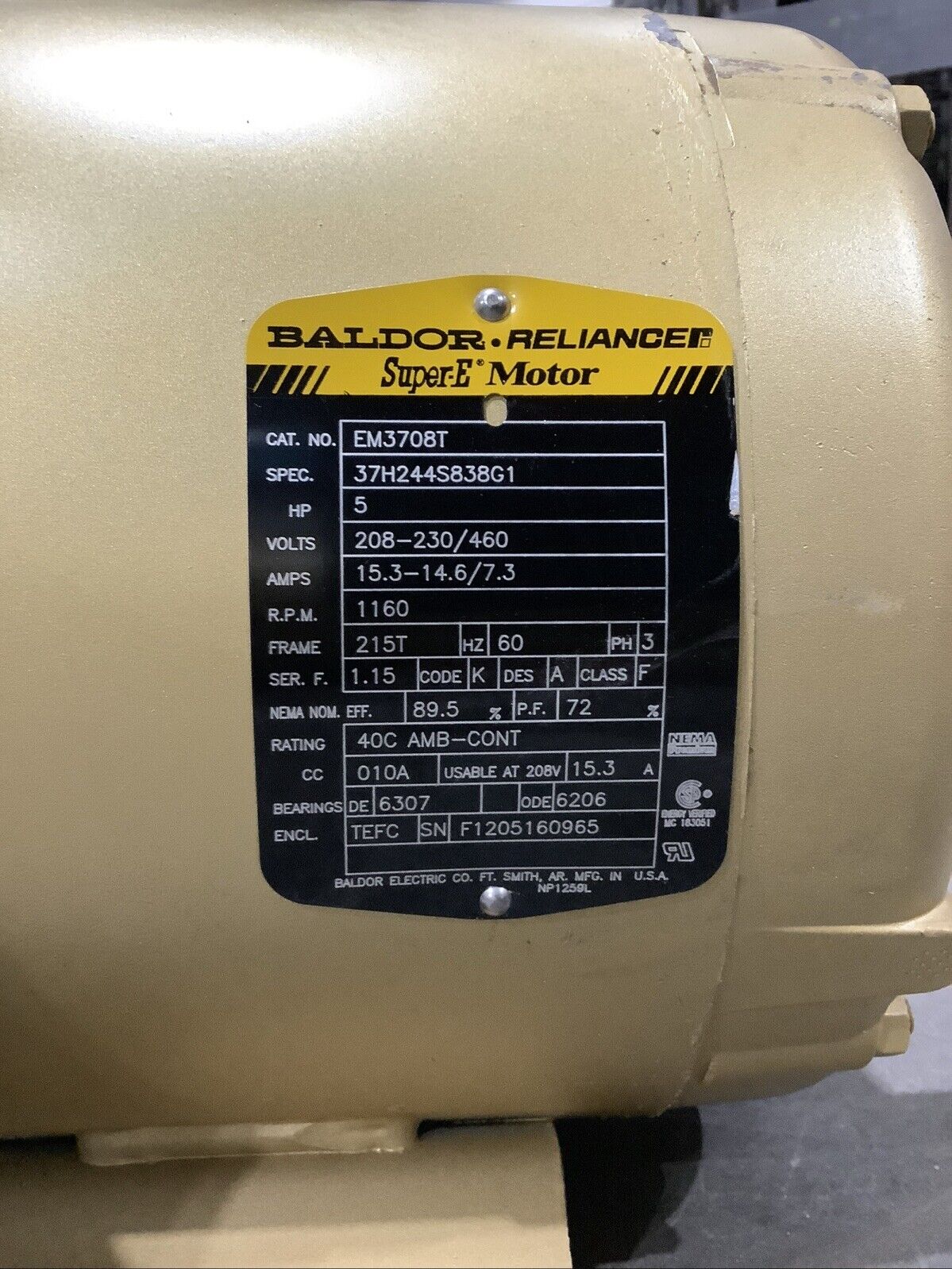 BALDOR EM3708T SUPER-E MOTOR 3PH 5HP 208-230/460V 60HZ 1160RPM 215T TEFC C2H
