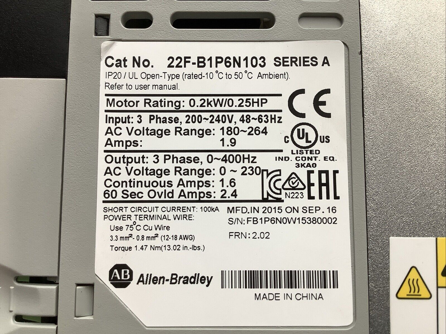 ALLEN BRADLEY 22F-B1P6N103 POWERFLEX 4M AC DRIVE 0.25HP 3PH 180-264VAC 1.9A C2H
