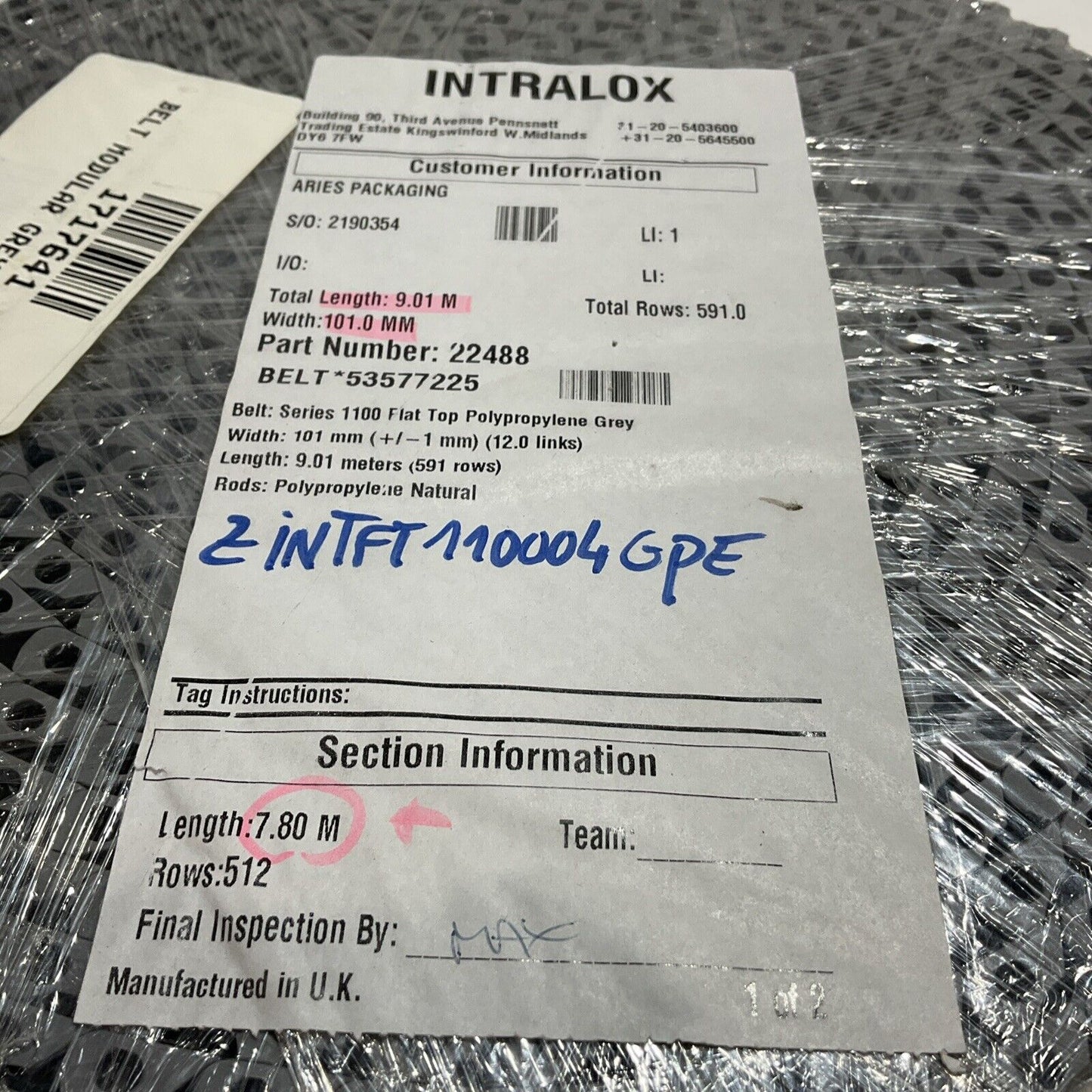 INTRALOX 22488 7.80M 101MM 12 LINKS MODULAR GREY CONVEYER BELT C2H