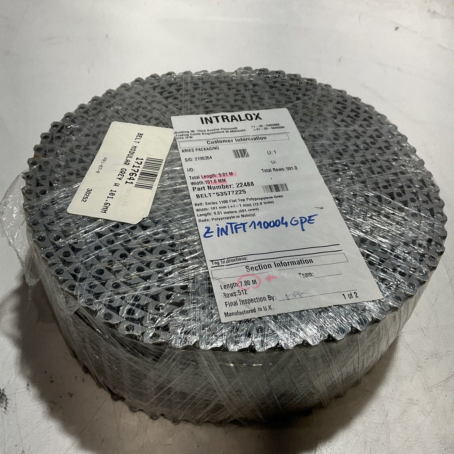 INTRALOX 22488 7.80M 101MM 12 LINKS MODULAR GREY CONVEYER BELT C2H