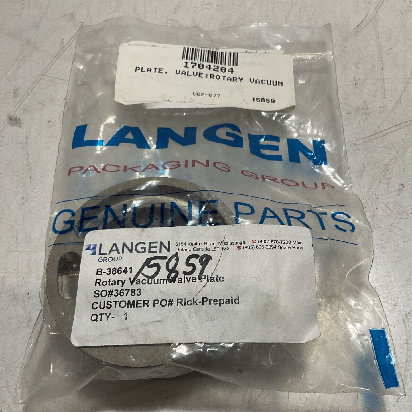 LANGEN GROUP B-38641 ROTARY VACUUM VALVE PLATE C2H
