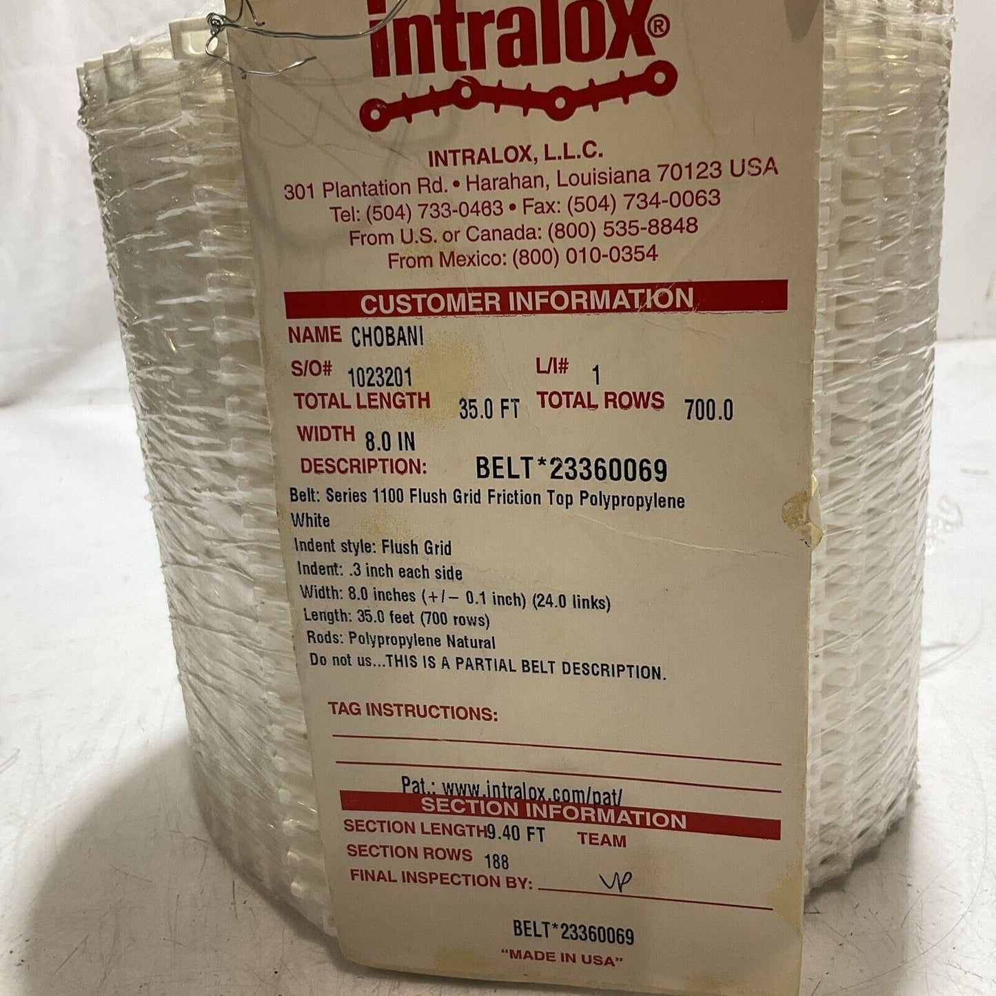 INTRALOX 23360069 8"X35' CONVEYOR BELT FLUSH GRID FRICTION TOP C2H