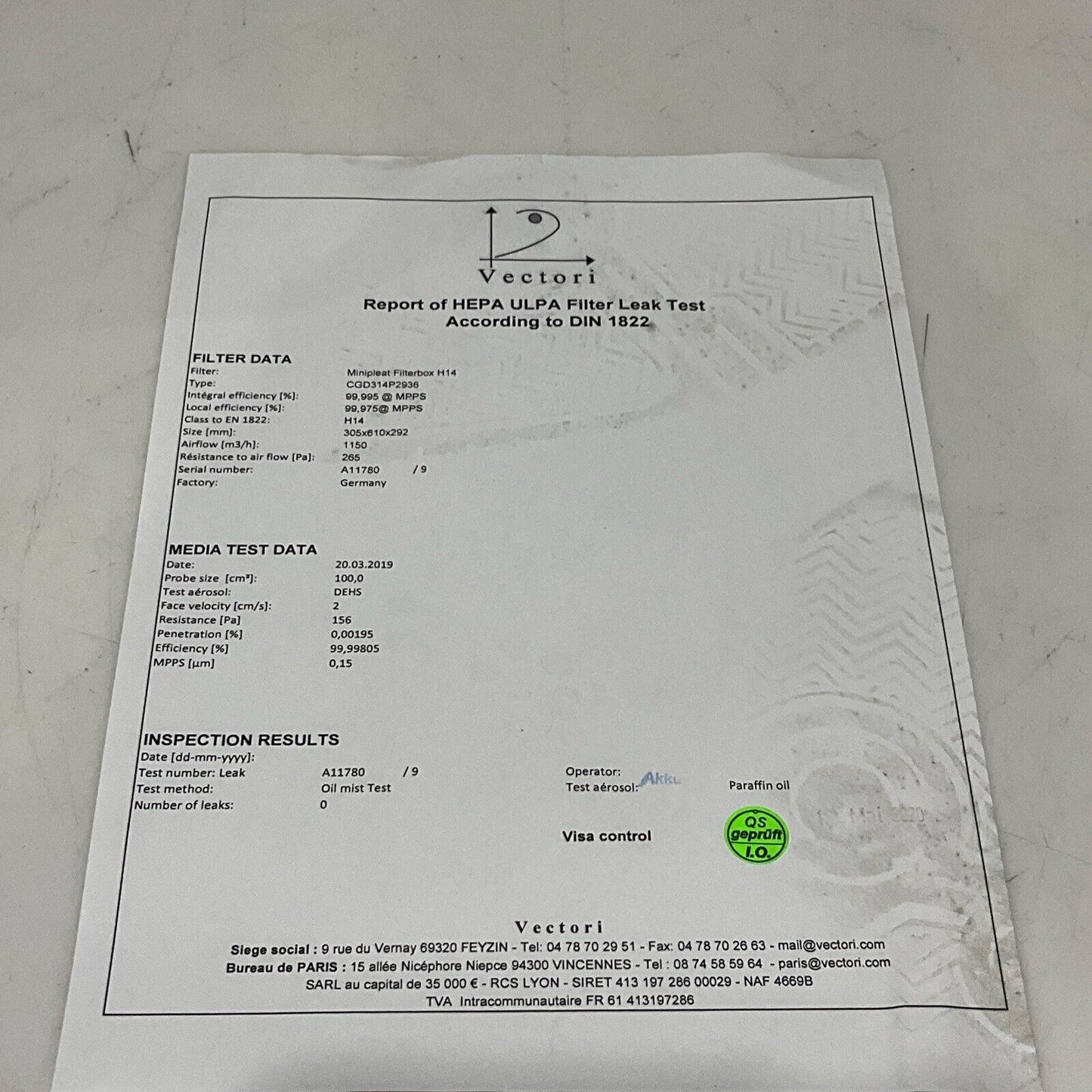THIMONNIER EN1822-1 H14 ABSOLUTE FILTER ELEMENT CGD314P2936 305 X 610 X 292 C2H