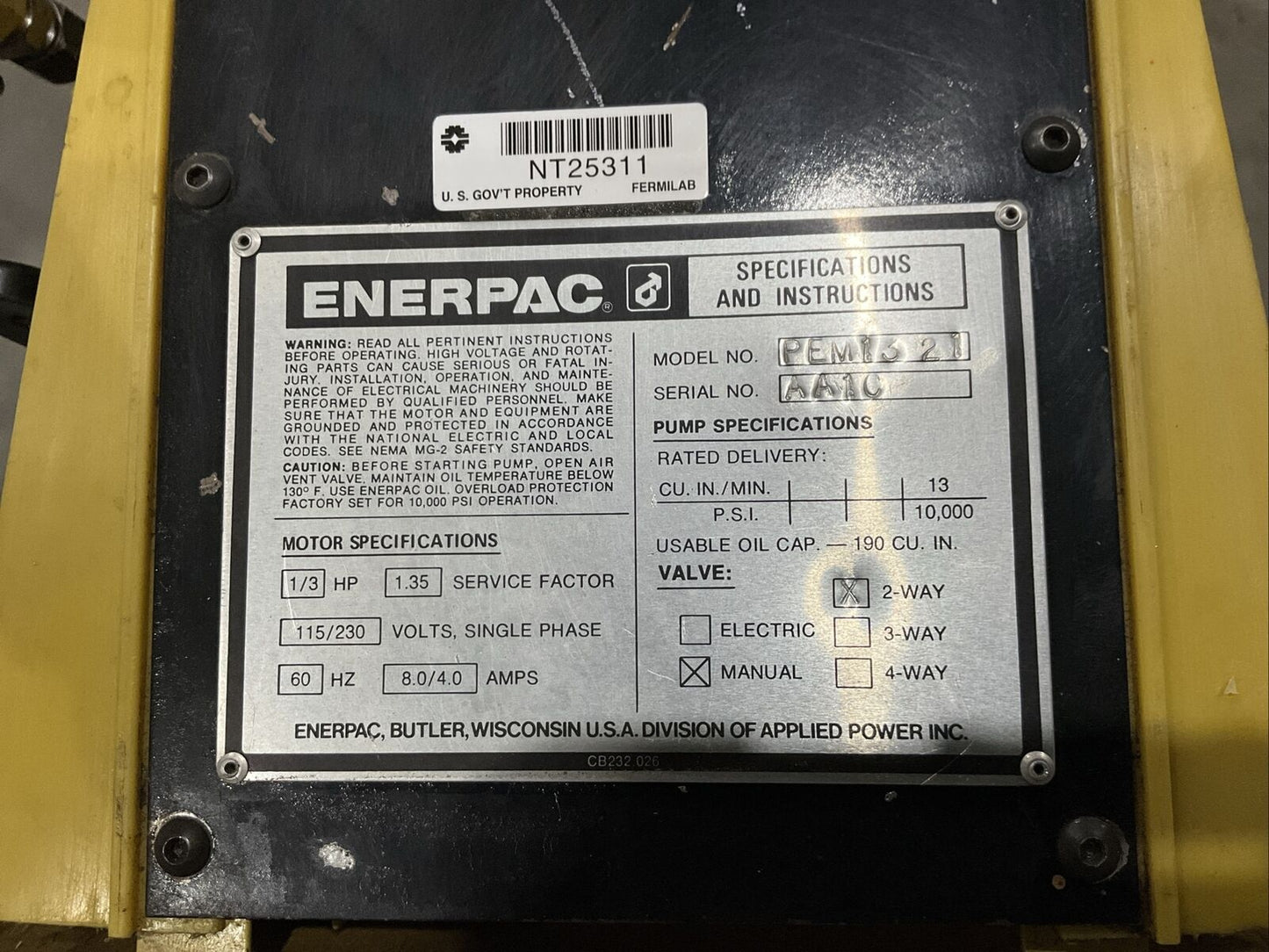 ENERPAC PEM1321 MANUAL HYDRAULIC PUMP 2-WAY 10000PSI 1PH 1/3HP 115/230V 60HZ