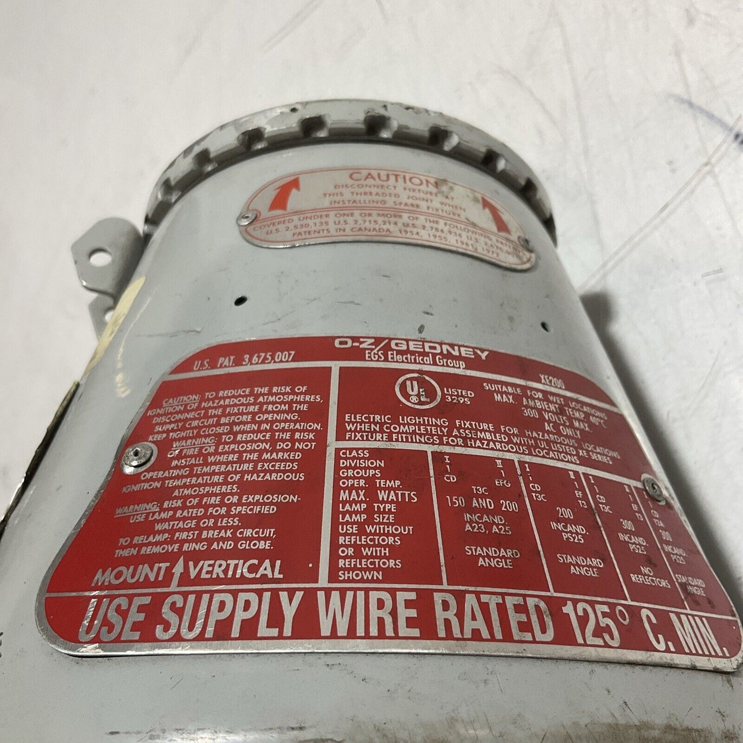 O-Z/GEDNEY XE200 EGS ELECTRICAL LAMP HAZARDOUS LOCATION EXPLOSION PROOF U3S
