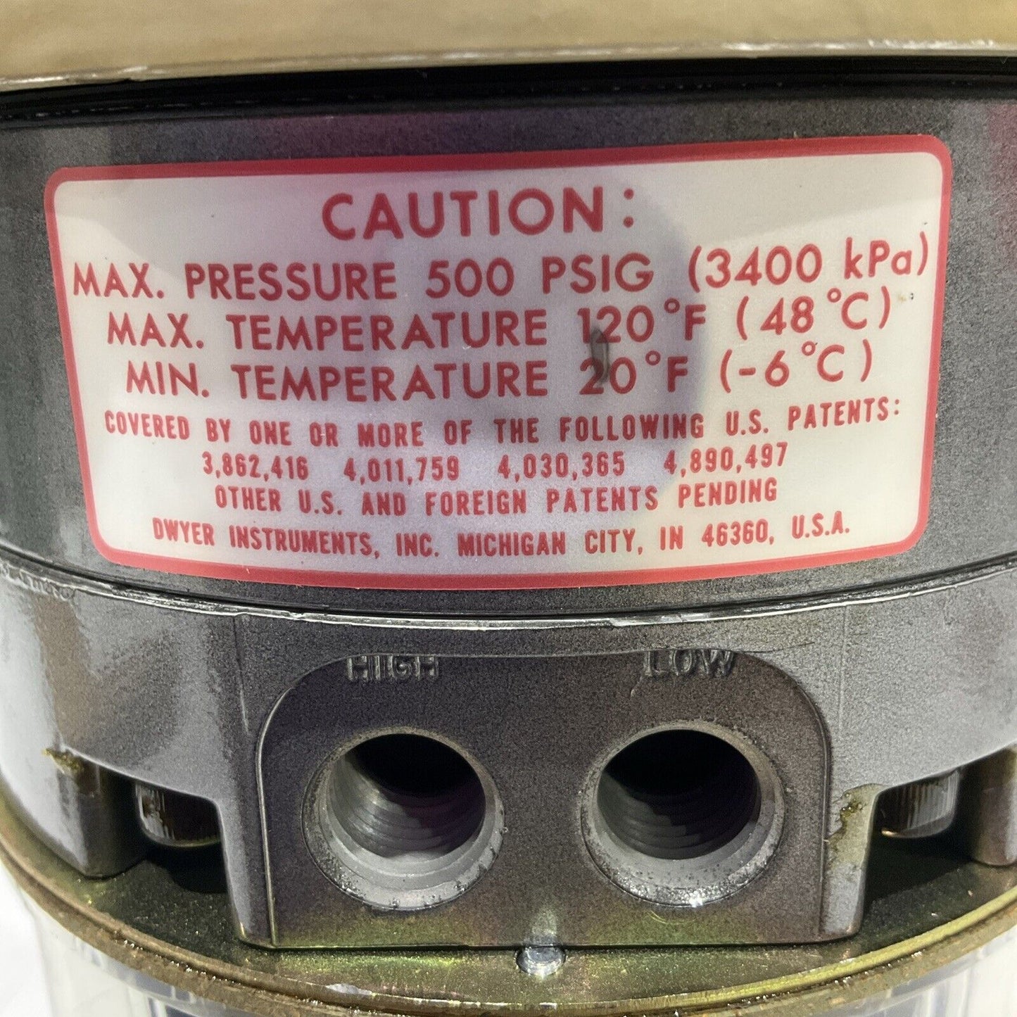 DWYER 43220 W03U CAPSU-PHOTOHELIC PRESSURE SWITCH/GAUGE 500 PSIG SERIES 43000 5W