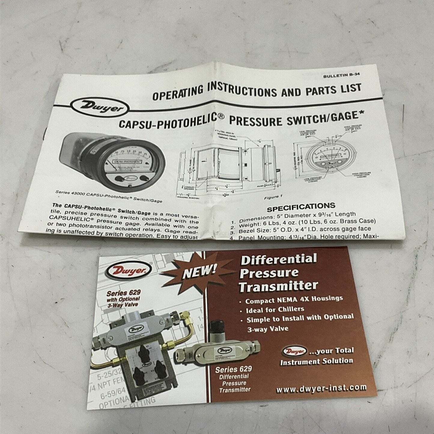 DWYER 43220 W03U CAPSU-PHOTOHELIC PRESSURE SWITCH/GAUGE 500 PSIG SERIES 43000 5W