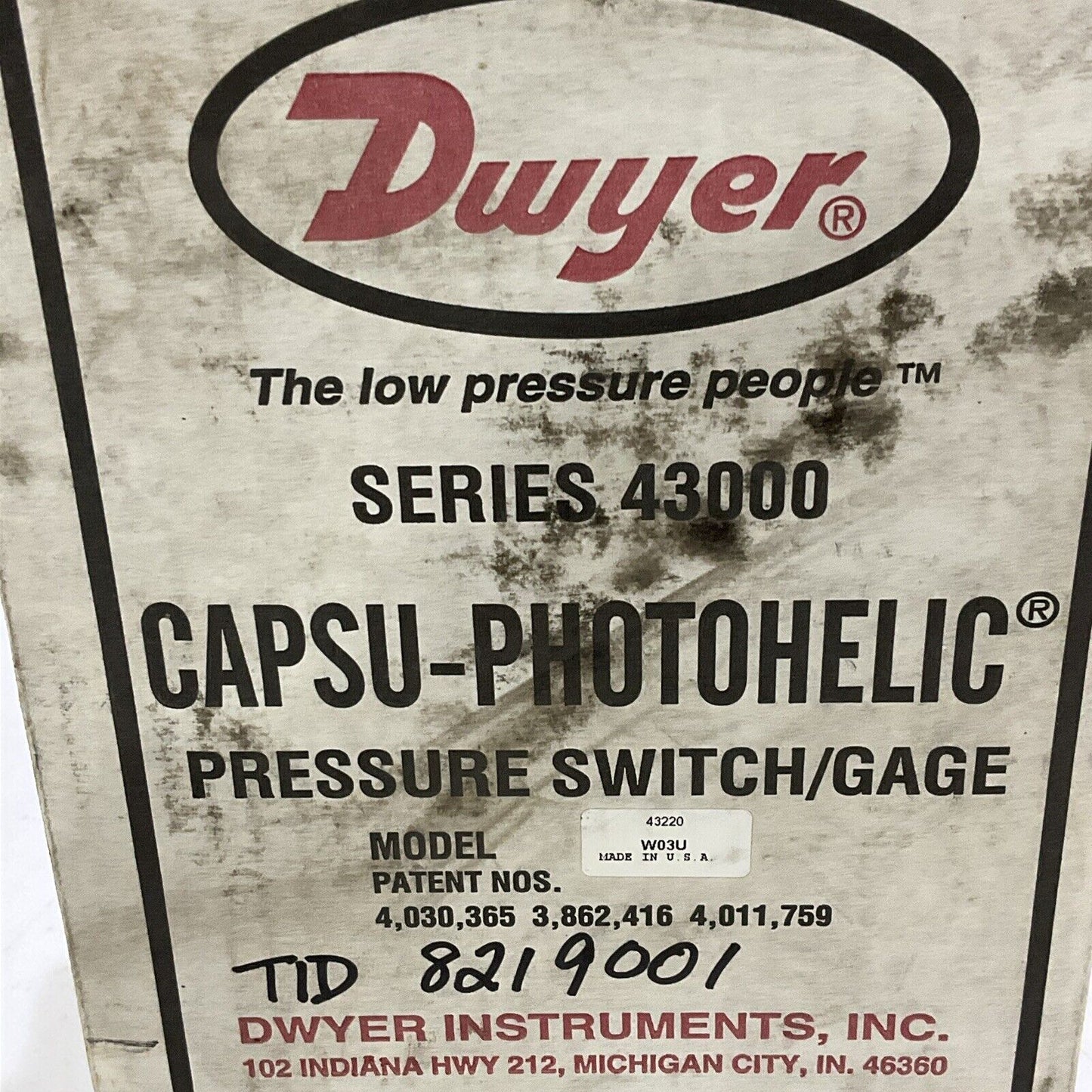 DWYER 43220 W03U CAPSU-PHOTOHELIC PRESSURE SWITCH/GAUGE 500 PSIG SERIES 43000 5W