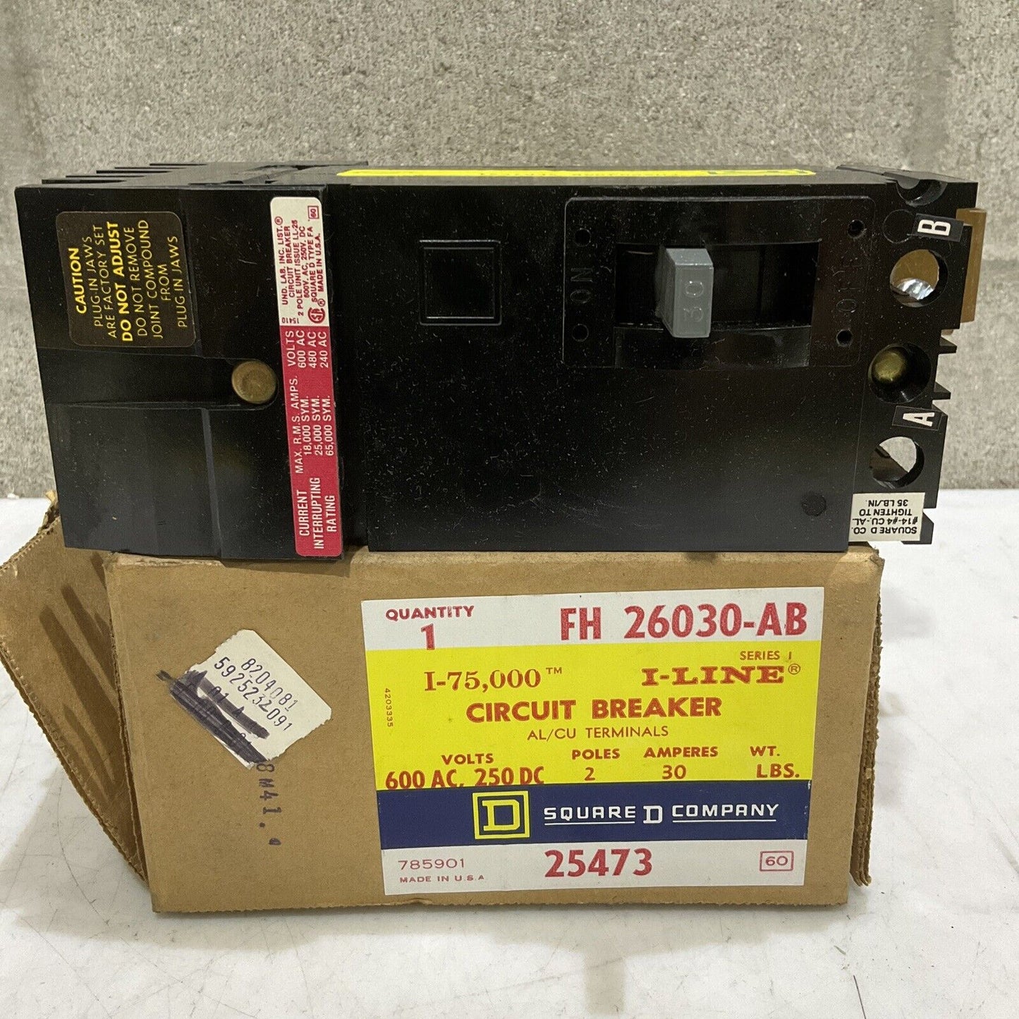SQUARE D FH26030-AB 25473 CIRCUIT BREAKER 600/250V 2P 30A I-LINE I-75,000 373