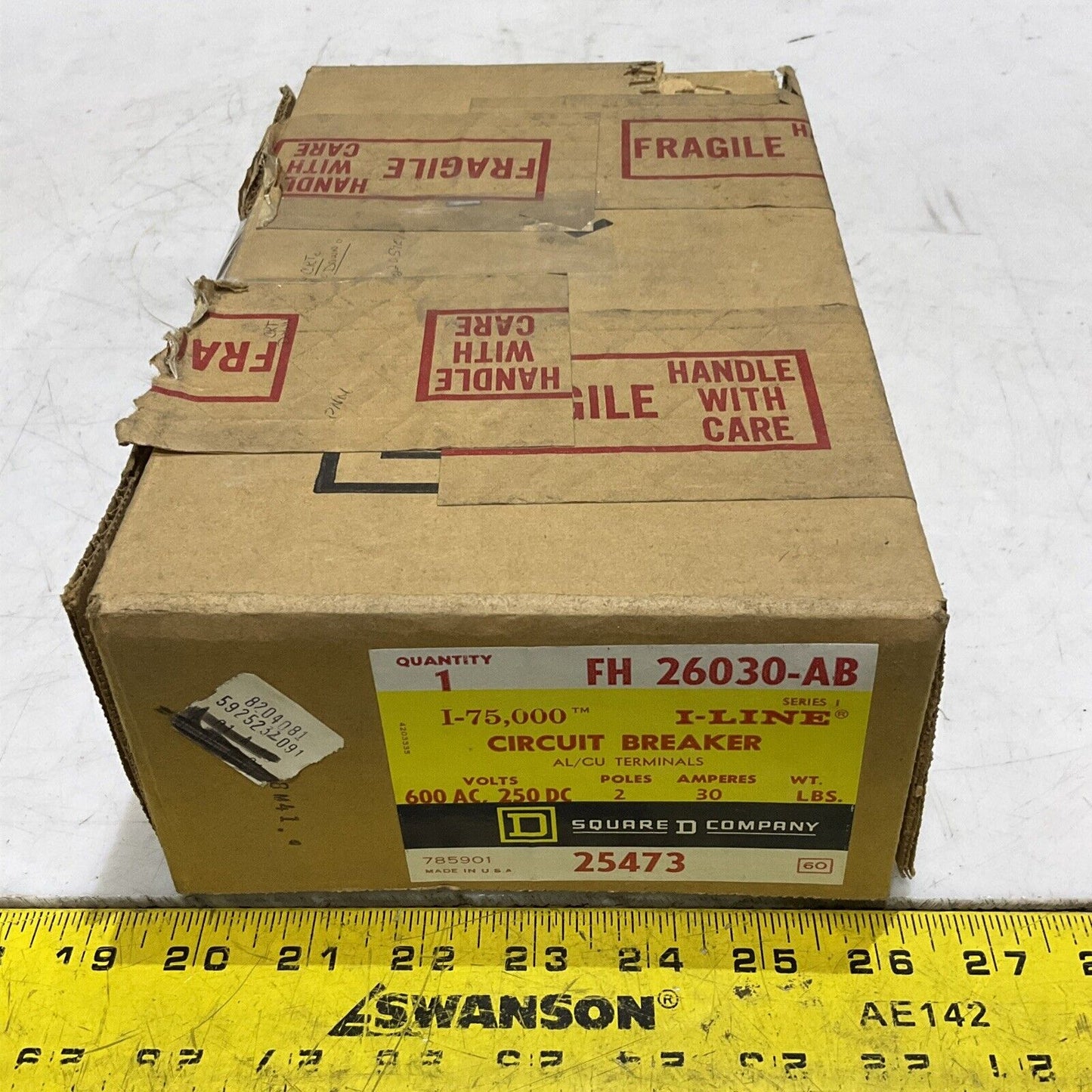 SQUARE D FH26030-AB 25473 CIRCUIT BREAKER 600/250V 2P 30A I-LINE I-75,000 373