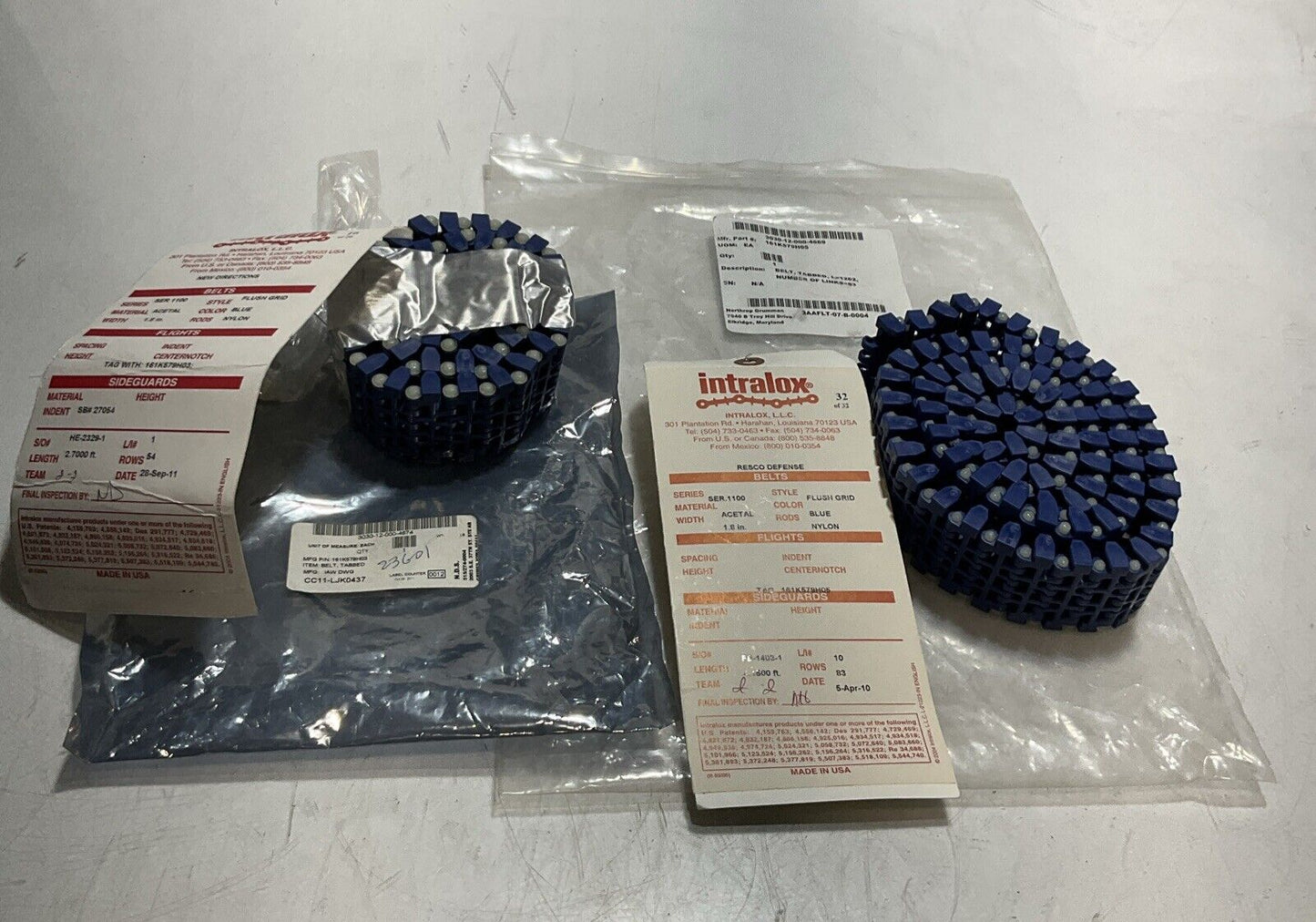 INTRALOX SER 1100 BLUE FLUSH GRID BELT TABBED L=1262 LOT OF 2 U3S