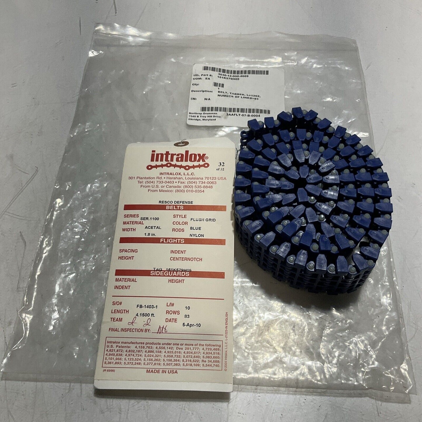INTRALOX SER 1100 BLUE FLUSH GRID BELT TABBED L=1262 LOT OF 2 U3S