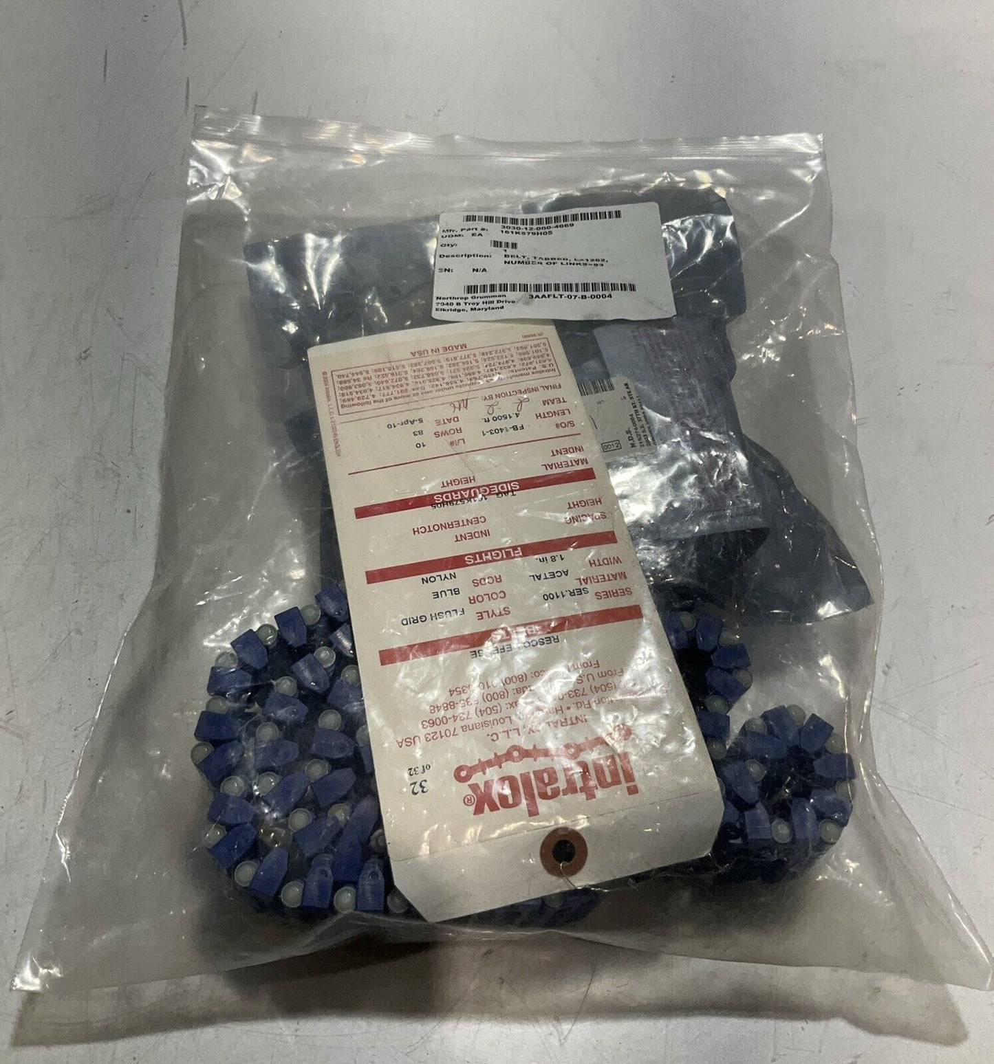 INTRALOX SER 1100 BLUE FLUSH GRID BELT TABBED L=1262 LOT OF 2 U3S