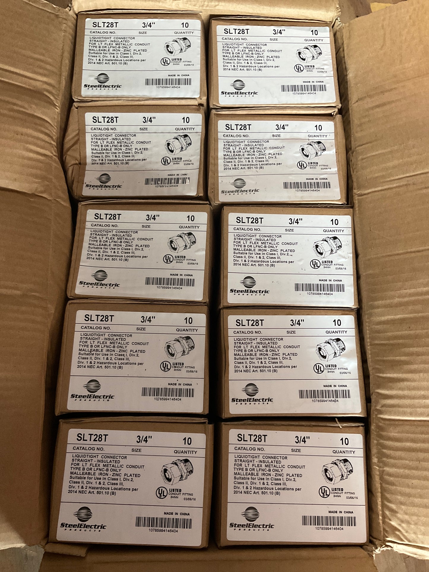 STEEL ELECTRIC SLT28T LIQUIDTIGHT CONNECTOR INSULATED 3/4IN - QTY 100 ECH BOX