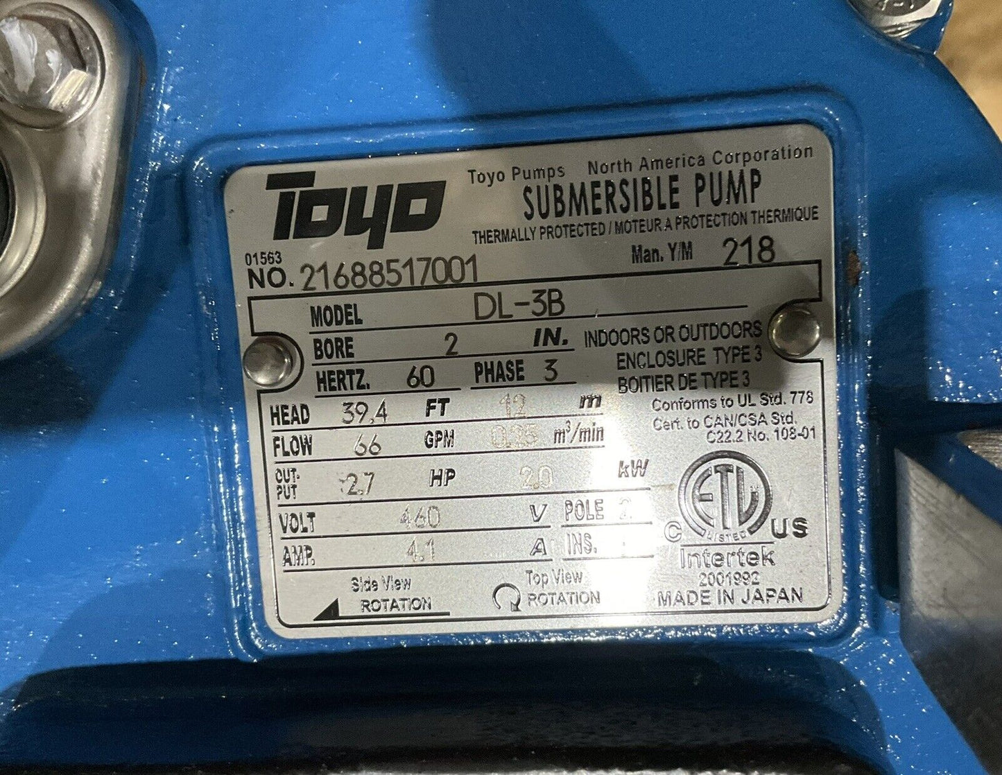 TOYO 2" 21688517001 DL-3B SUBMERSIBLE PUMP 474