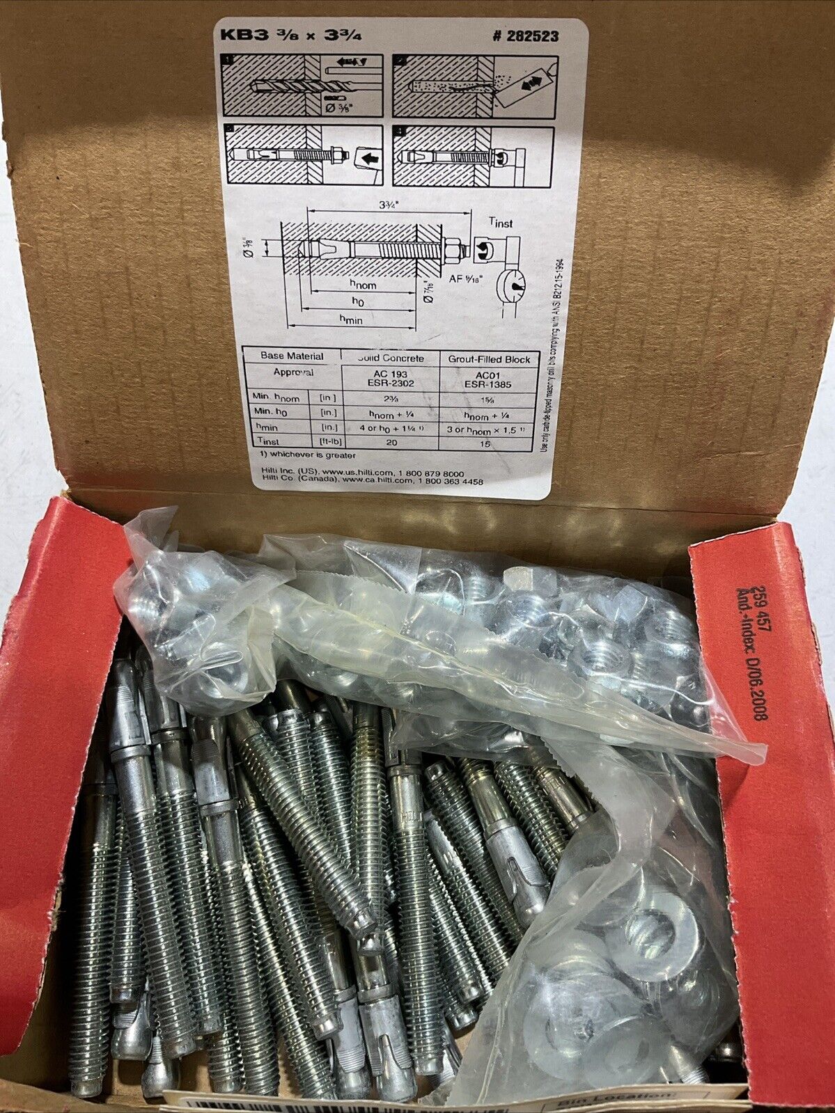 HILTI 282523 ANCHOR CONCRETE/EXPANSION KWIK BOLT 3 3|8 IN 50KB3 3/8X33/4 U3S