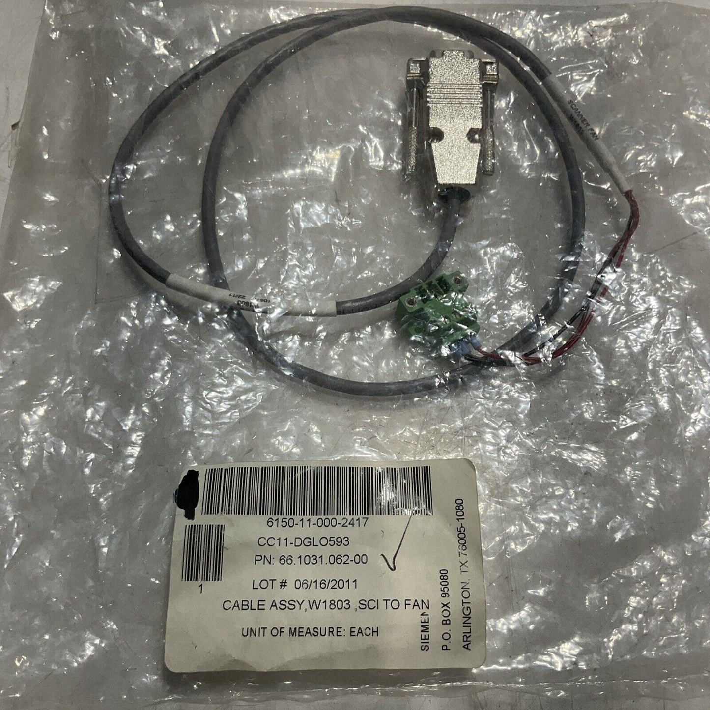 SIEMEN 66.1031.062.00 CABLE ASSY , SCANNER FAN W1803 , SCI TO FAN, 7219 U3S