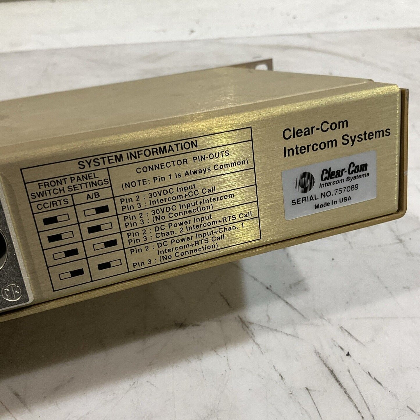 CLEAR-COM TW-12B INTERCOM INTERFACE SYSTEM CONNECTOR PIN-OUTS PANELS T9A