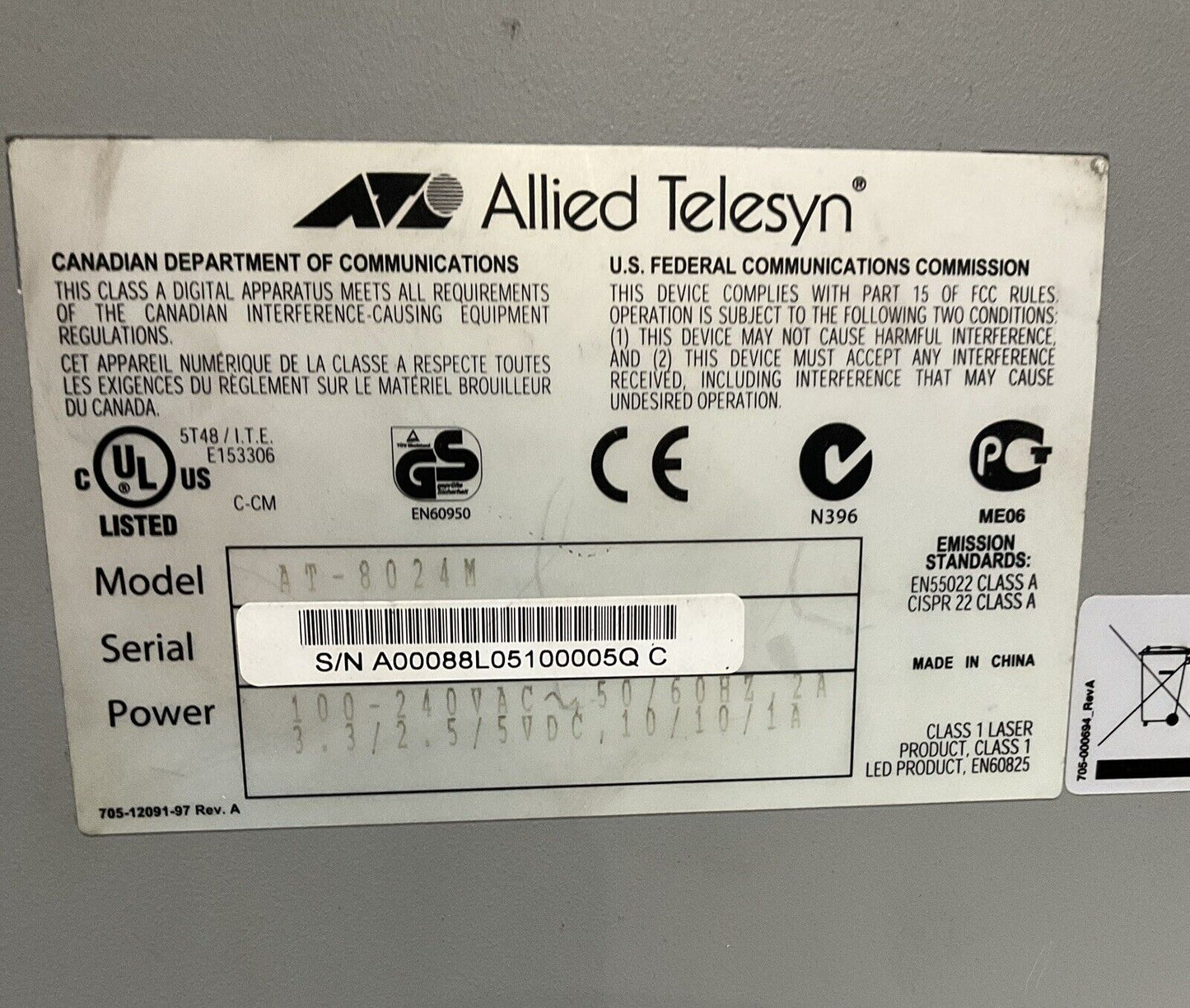 ALLIED TELESYN AT-8024M 10BASE-T 100BASE -TX FAST ETHERNET SWITCH 240VAC T9A