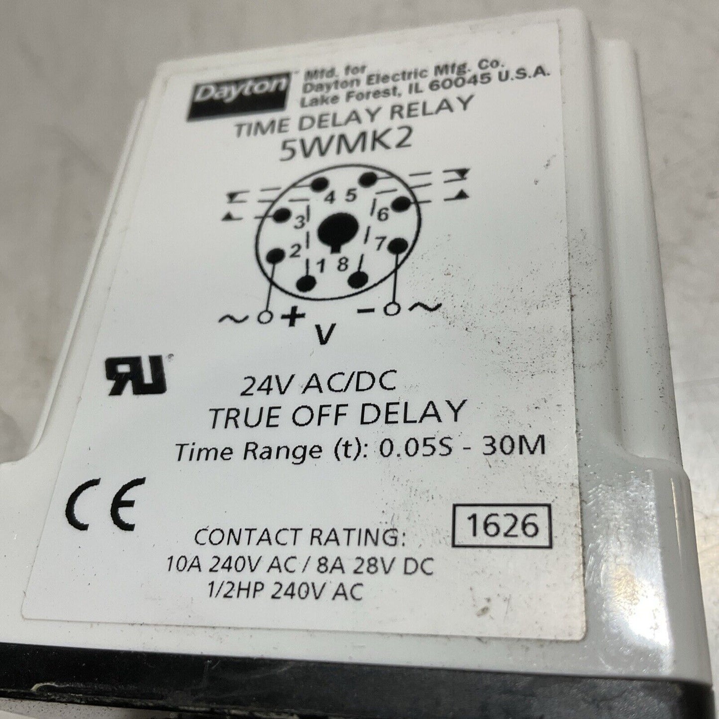 DAYTON 5WMK2 TIME DELAY RELAY TRUE OFF DELAY 24V AC/DC K9S