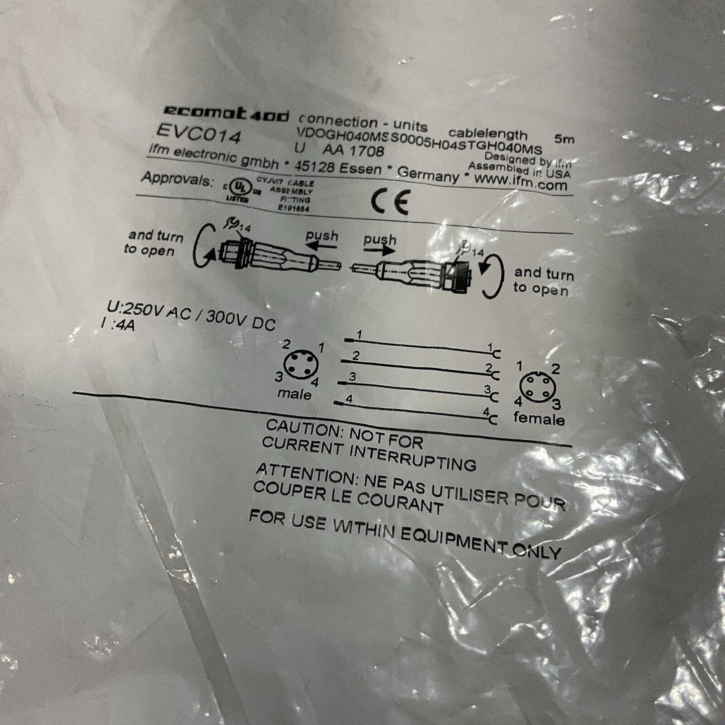 ECOMOT 400 EVCO14 CABLE ASSMBLY FITTING CONNECTOR E191684 250V 300DC QTY 3 U3S