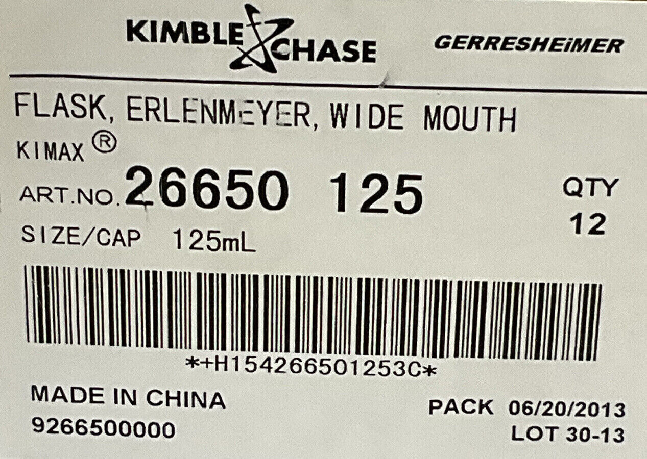 KIMBLE CHASE 26650 FISHER SCIENTIFIC-ERLENMEYER WIDE MOUTH FLASK 125ML QTY12 373