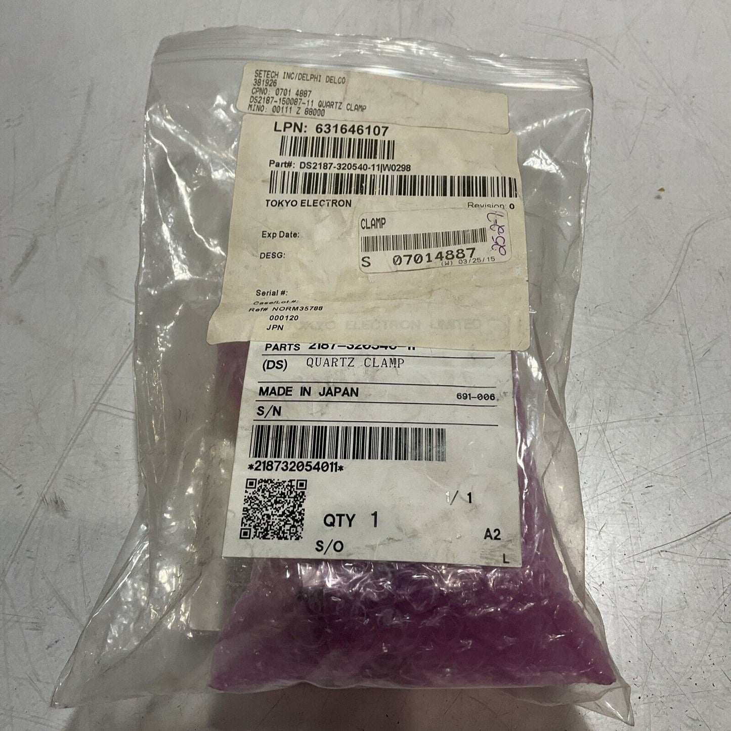 TOKYO ELECTRON DS2187-320540-11/W0289 QUARTZ CLAMP U3S
