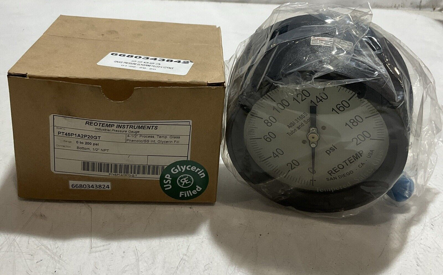 REOTEMP INSTRUMENTS PT45P1A2P20GT GAUGE PRESSURE GLYCERERINE FILLED 4-1/2 373