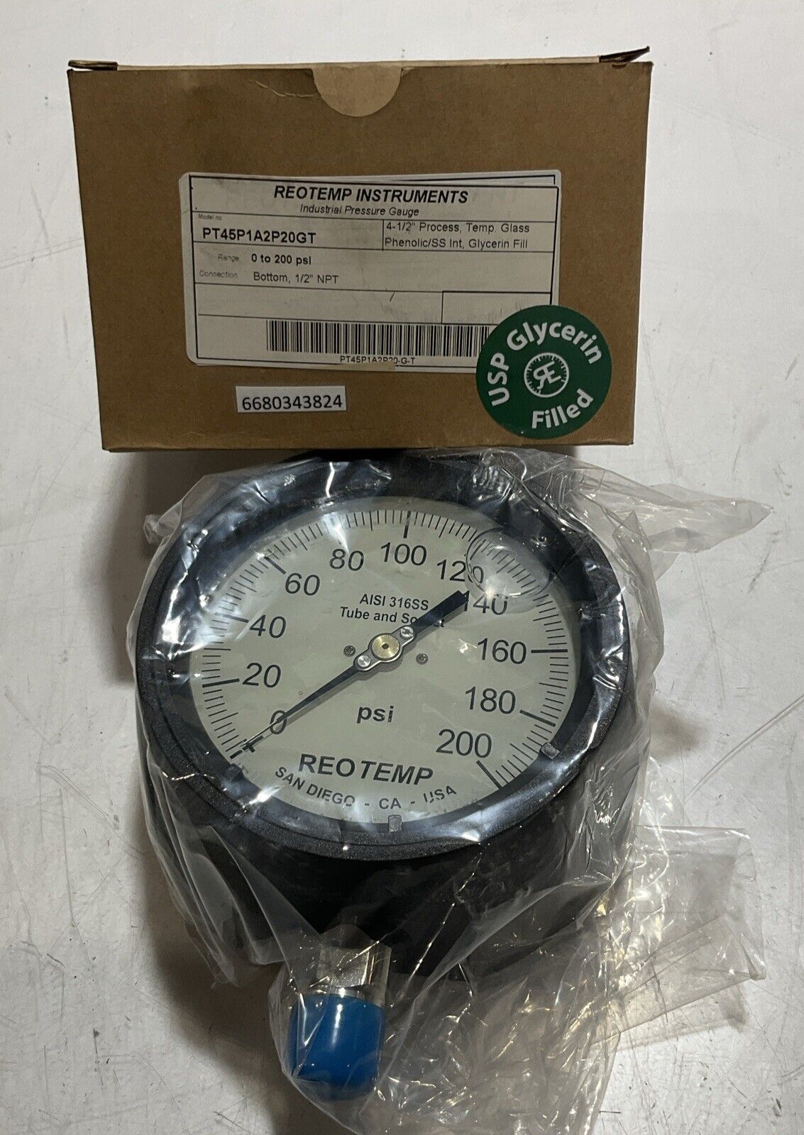 REOTEMP INSTRUMENTS PT45P1A2P20GT GAUGE PRESSURE GLYCERERINE FILLED 4-1/2 373