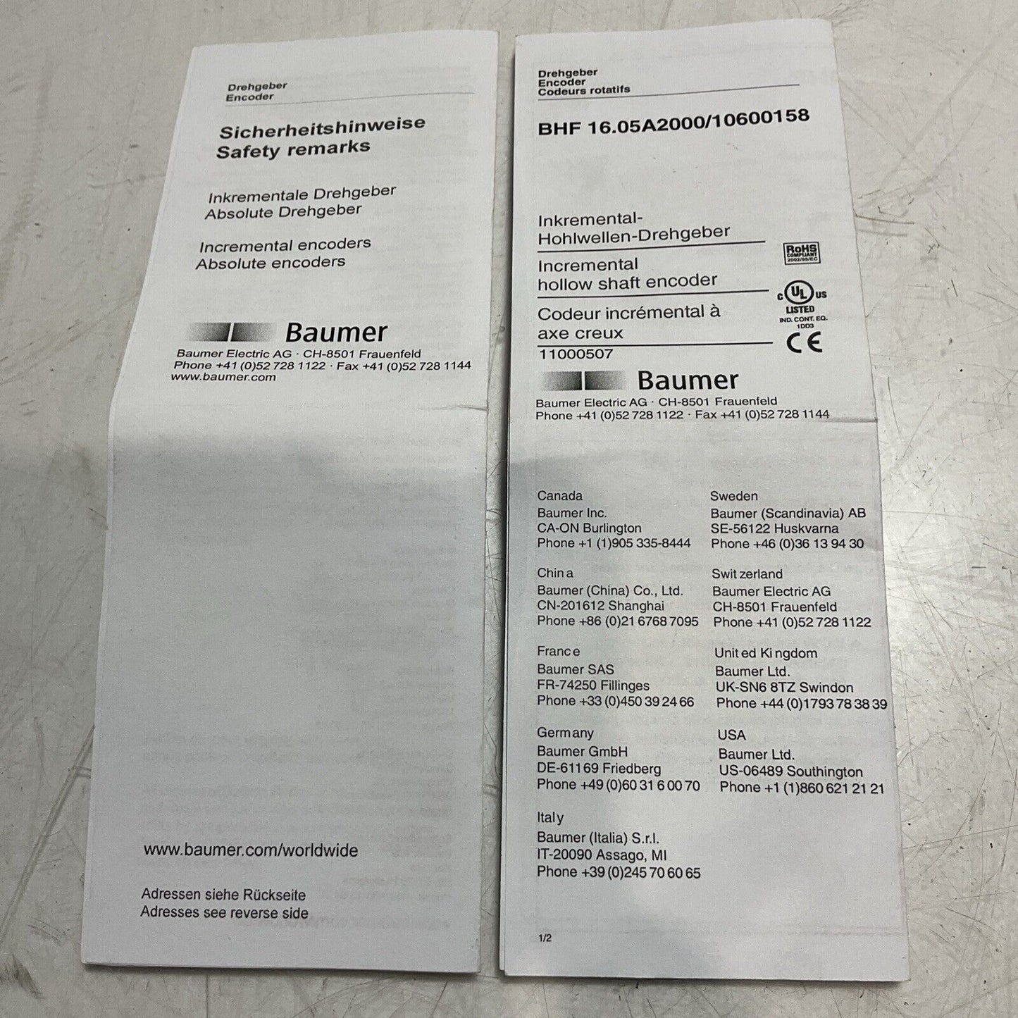 BAUMER BHF 16.05A2000/10600158 CH-8501 FRAUENFELD WIRED ENCODER ASSY W455 U3S