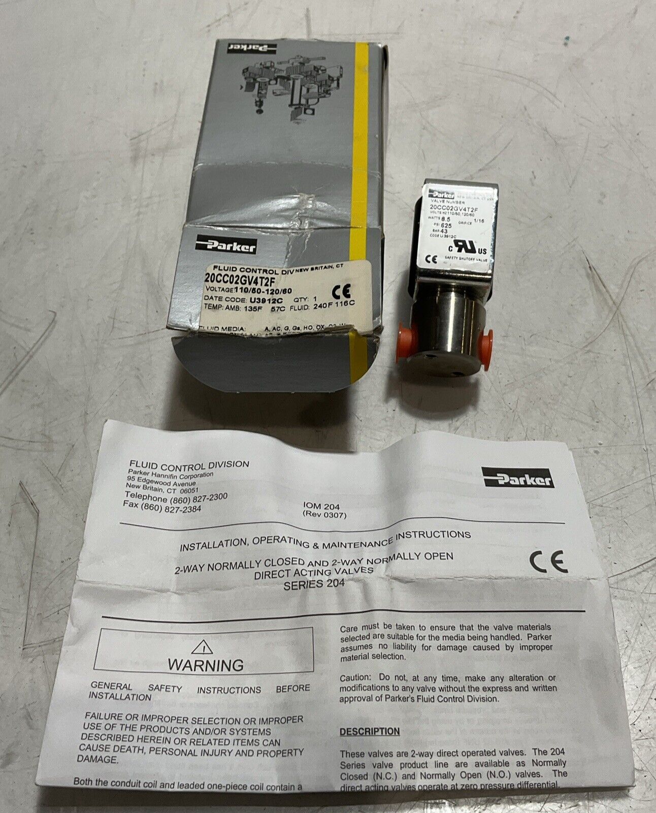 PARKER 20CC02GV4T2F FLUID CONTROL DIVISION VALVE, 2 WAYS SERIES 204 U3S