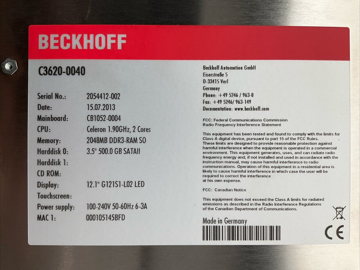 BECKHOFF C3620-0040 BUILT-IN PANEL PC FOR CONTROL CABINET 100-240V 50-60HZ 6-3A
